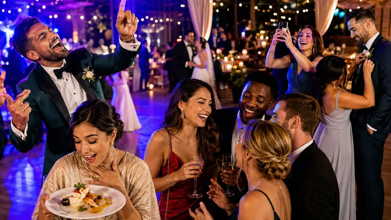Portada del test de personalidad sobre invitados de boda con un grupo de amigos celebrando, bailando, brindando y disfrutando del banquete