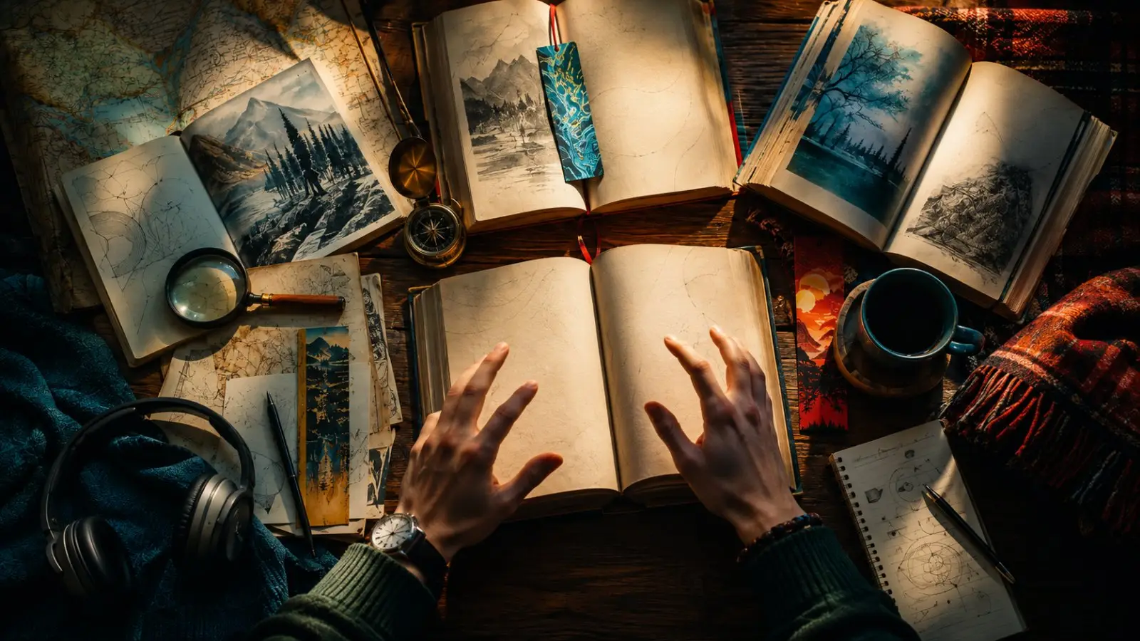 Portada del test sobre tu perfil lector con manos sobre un libro abierto, varios libros, mapas, auriculares y una taza en una atmósfera de lectura acogedora