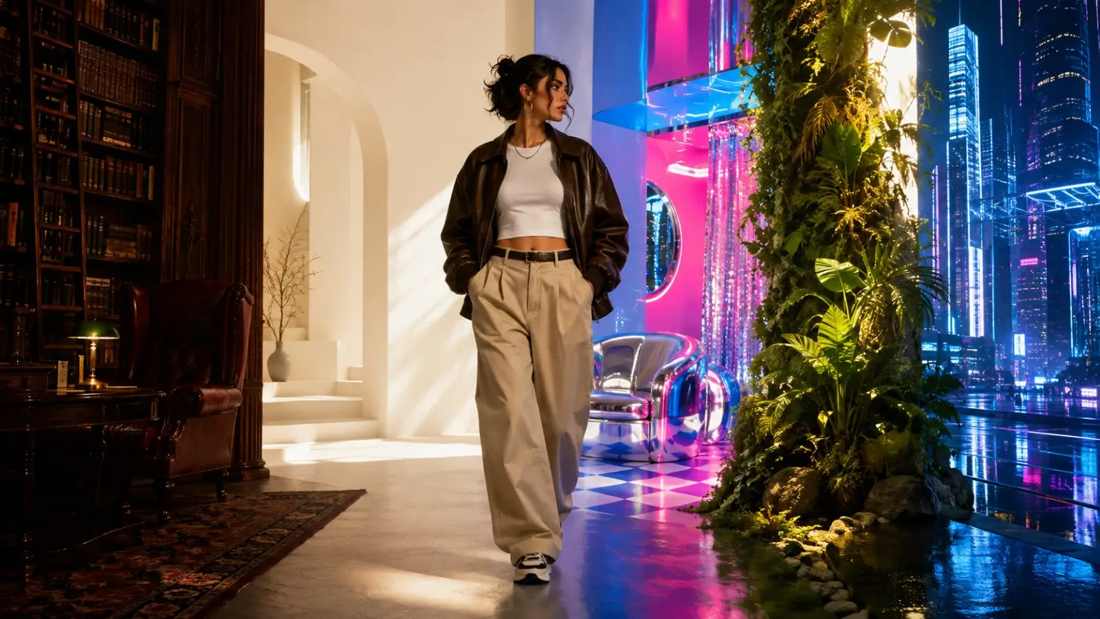 Portada de un test de personalidad con una mujer entre un interior clásico, un espacio minimalista, vegetación y una ciudad futurista de neón
