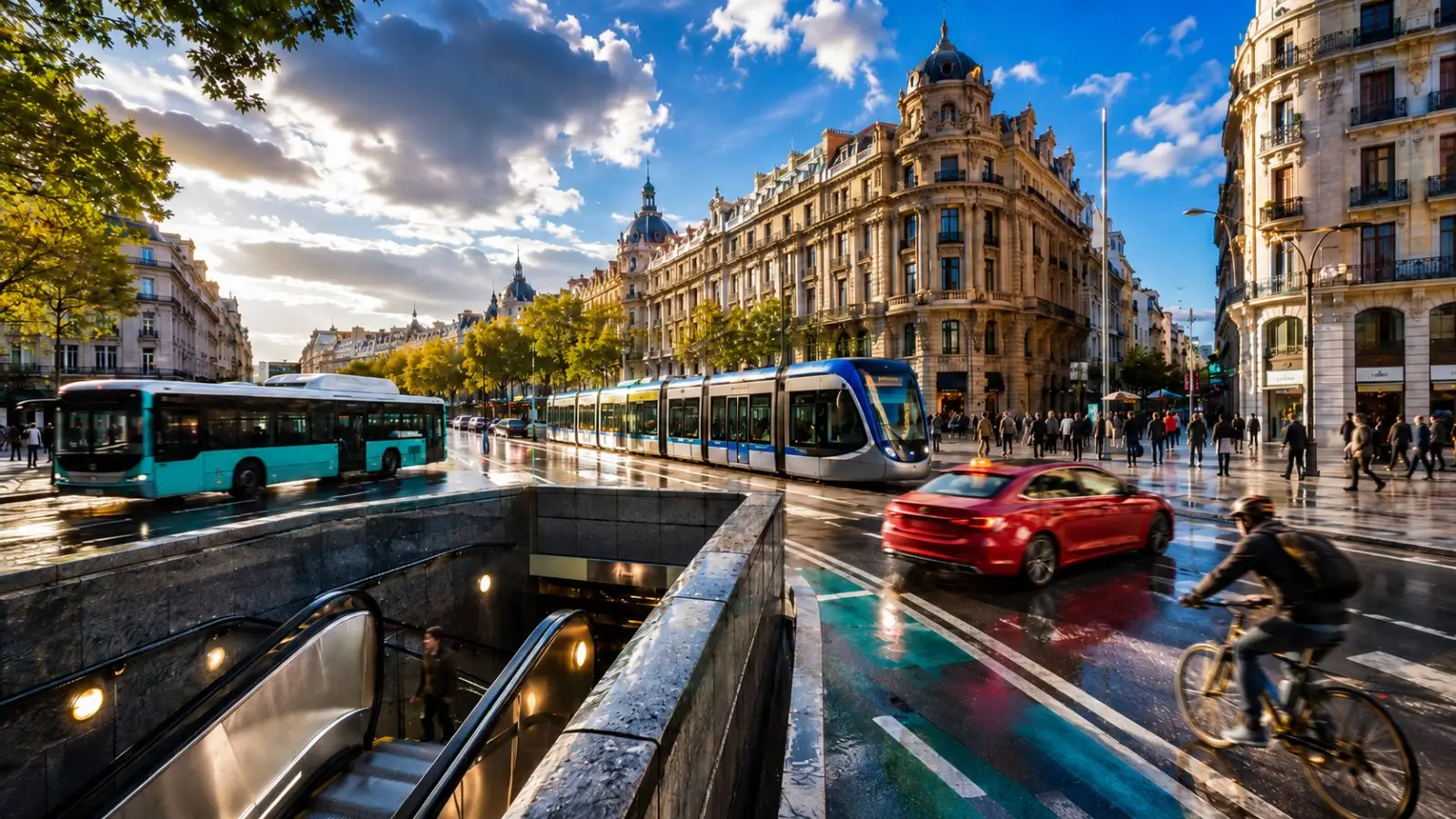Portada del test de personalidad sobre transporte urbano con tranvía, autobuses, coche, bicicleta y acceso al metro en una avenida tras la lluvia
