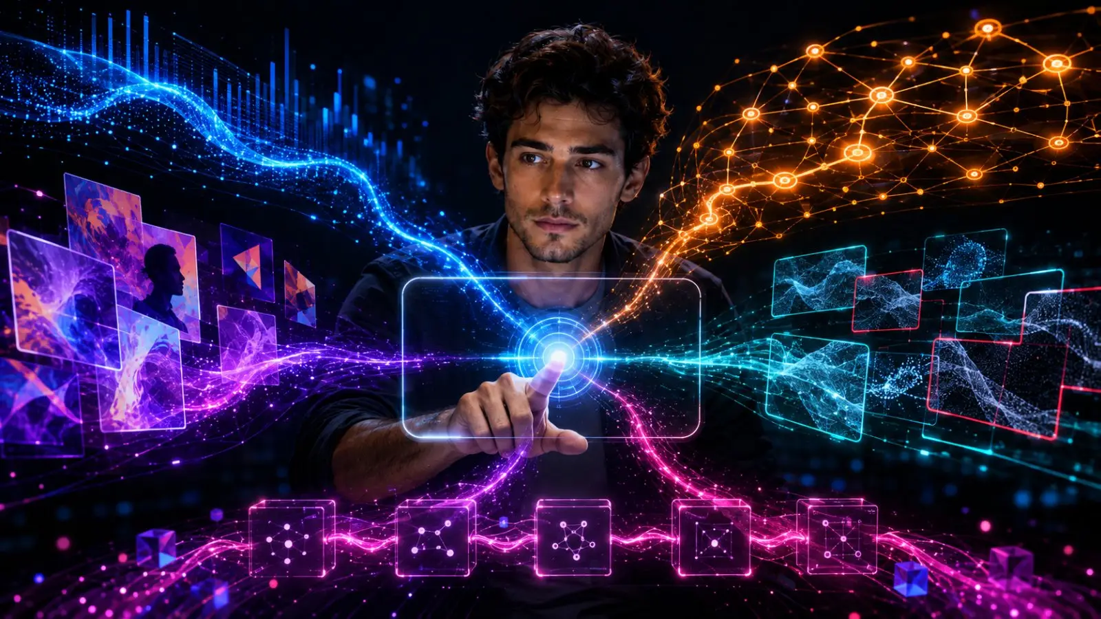 Portada del test de personalidad sobre qué tipo de usuario de inteligencia artificial eres, con un joven ante una interfaz digital de neón y redes luminosas