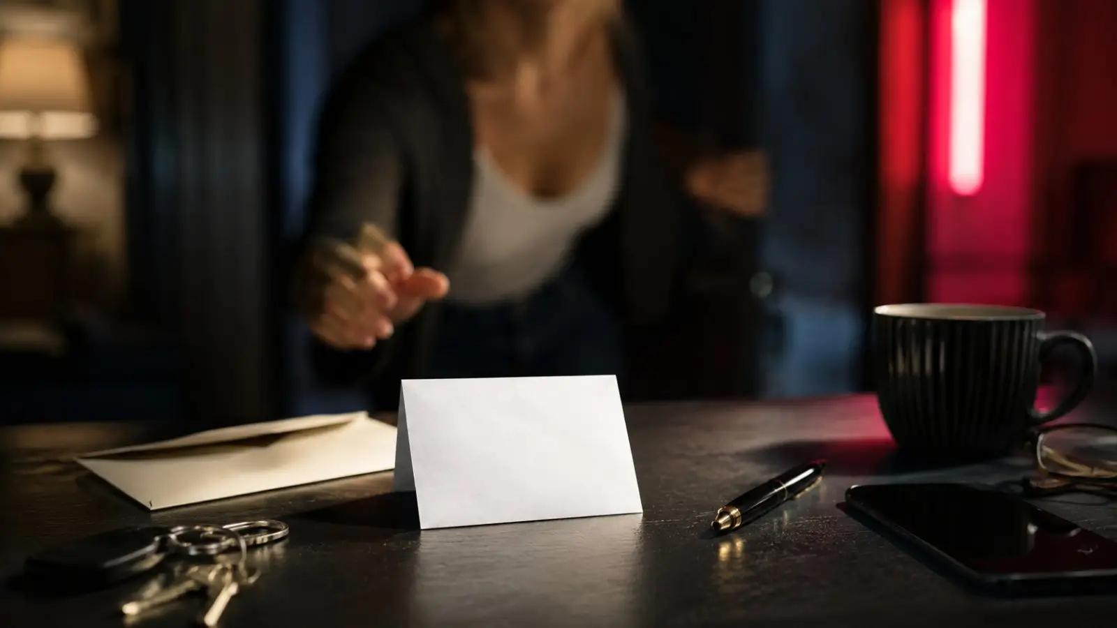 Portada del test de personalidad sobre notas anónimas, con una tarjeta en blanco, un bolígrafo y unas llaves sobre un escritorio en penumbra