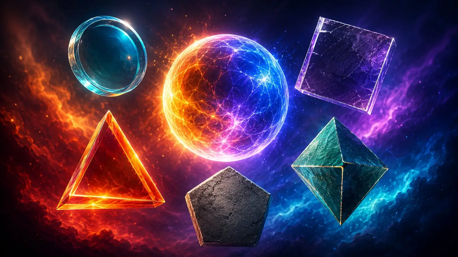 Portada del quiz sobre qué figura geométrica representa tu personalidad, con esfera, triángulo, cubo y poliedros brillantes sobre un fondo cósmico