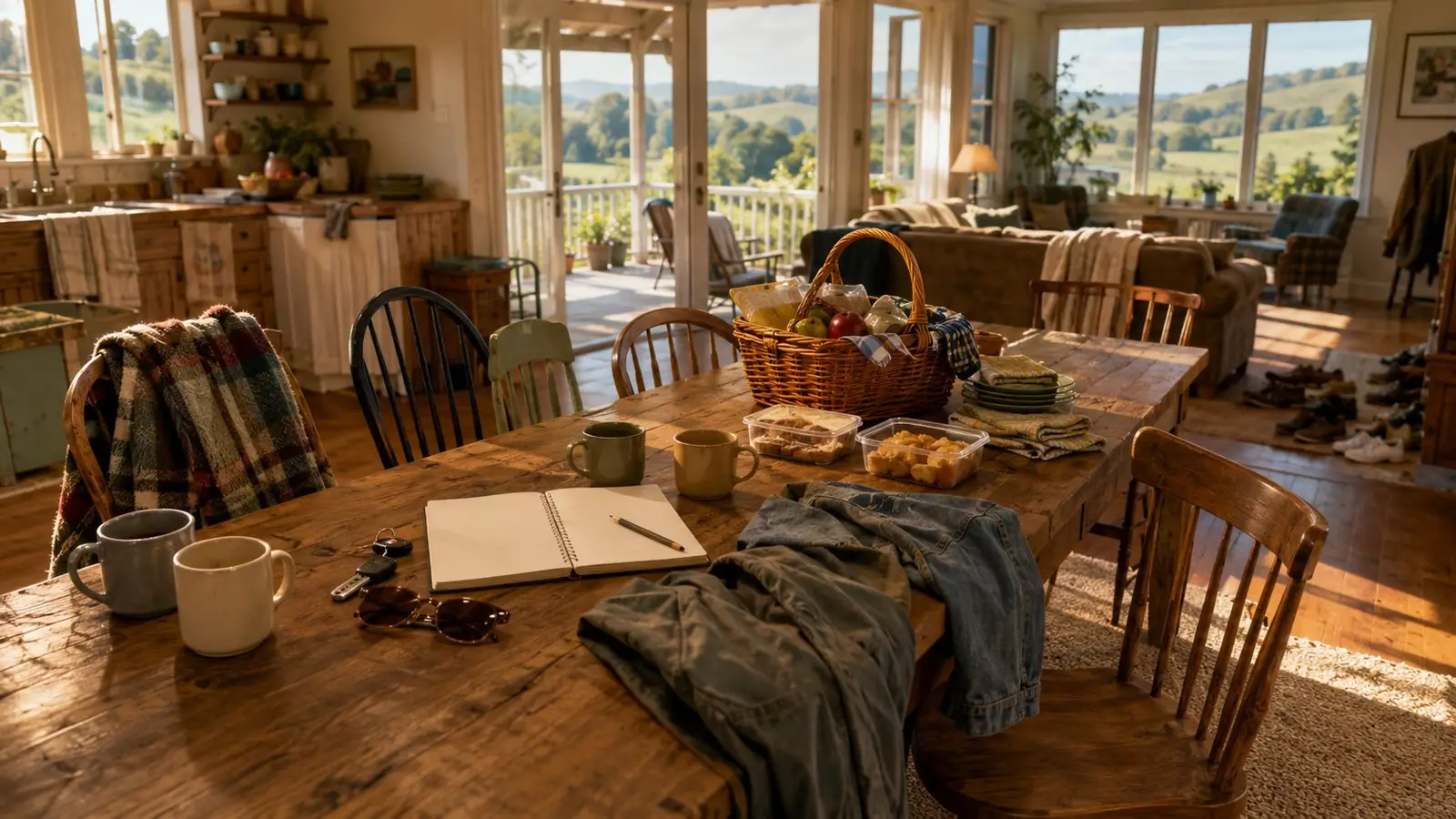 Portada del quiz sobre la amistad en Mi vida con los chicos Walter, con una gran mesa de madera, varias tazas y un acogedor hogar en el campo