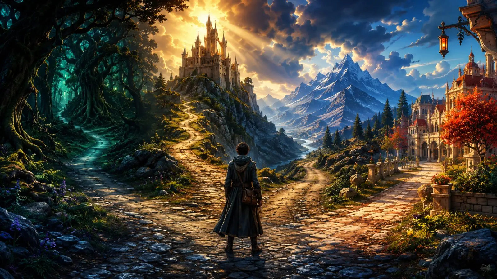 Portada del test de personalidad sobre tu papel en un cuento de hadas, con un viajero ante caminos hacia un castillo, un bosque encantado y montañas