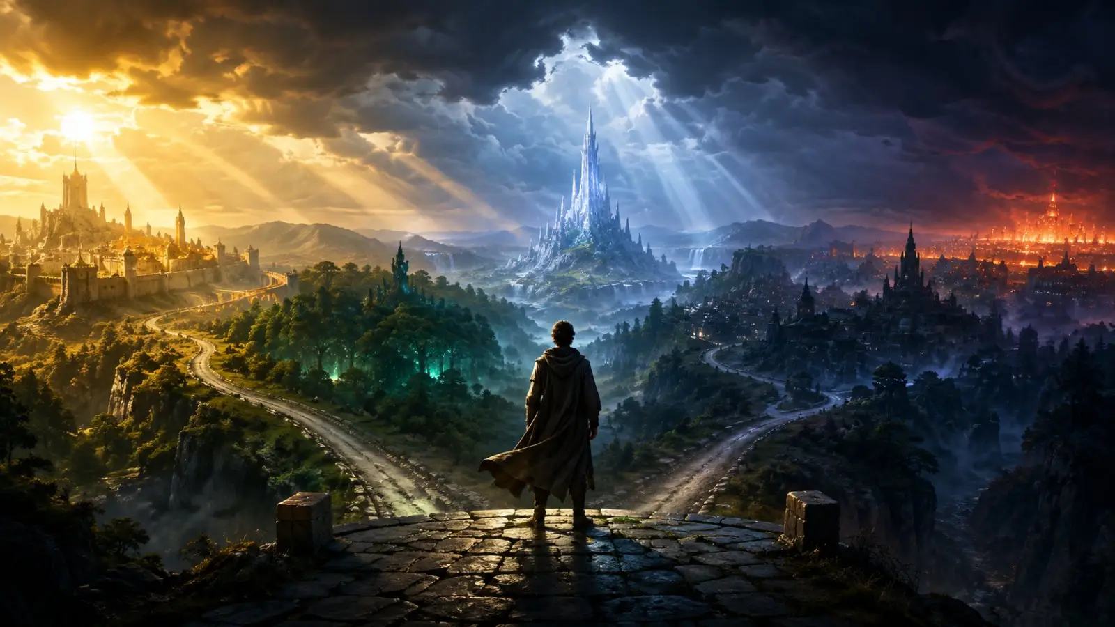Portada del test de personalidad sobre guardianes de un reino fantástico, con un viajero ante caminos divididos, castillos y un paisaje entre luz y tormenta