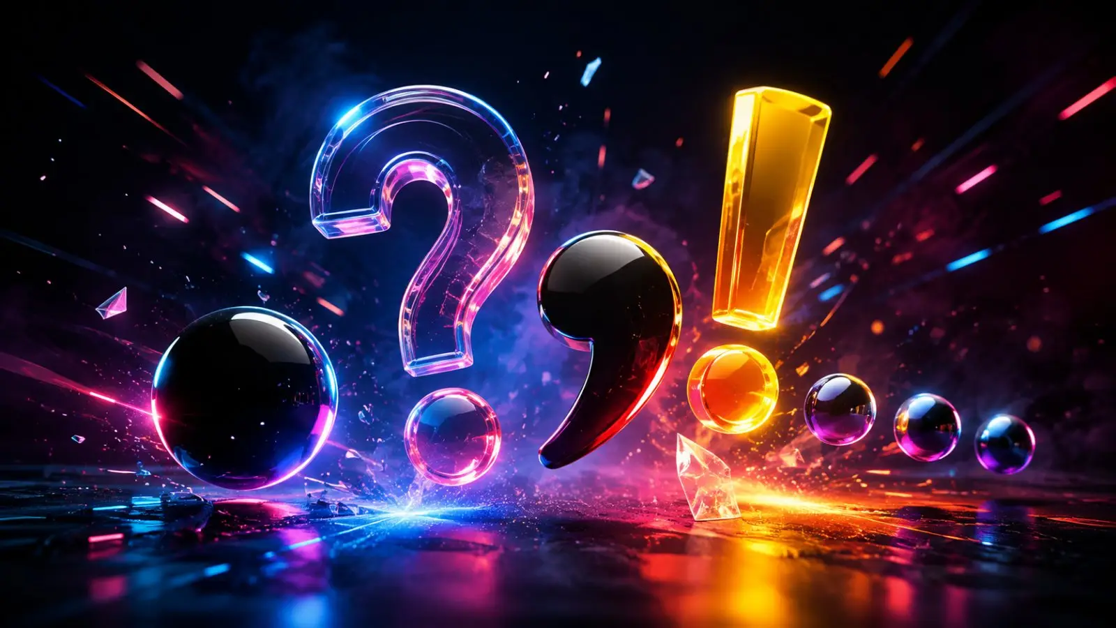 Portada del test de personalidad con signos de interrogación, exclamación, coma y puntos brillantes sobre un fondo oscuro de luces de neón