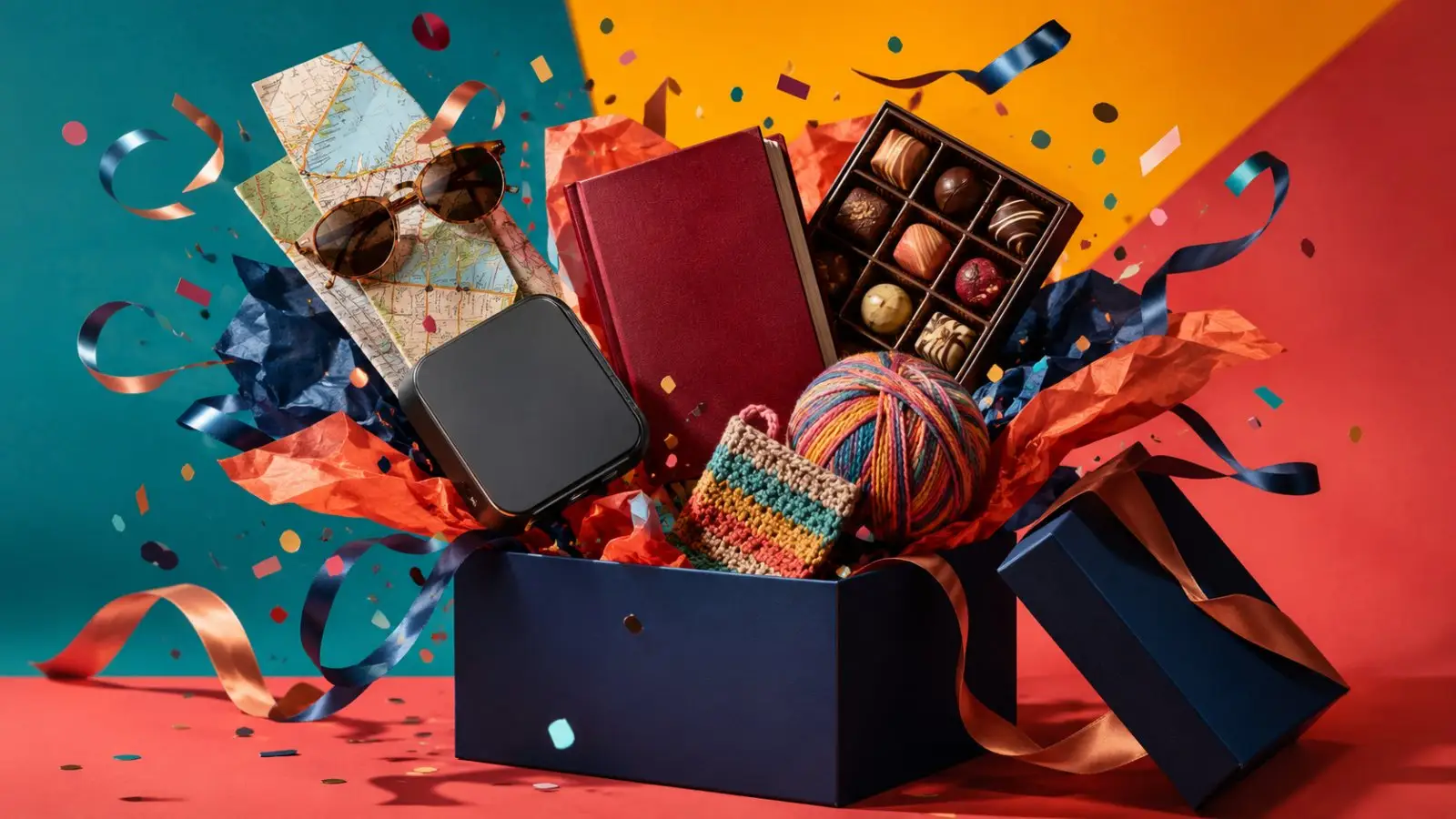Portada del test de personalidad «Descubre qué tipo de regalo eres» con una caja abierta llena de bombones, lana, un mapa y accesorios entre cintas y confeti