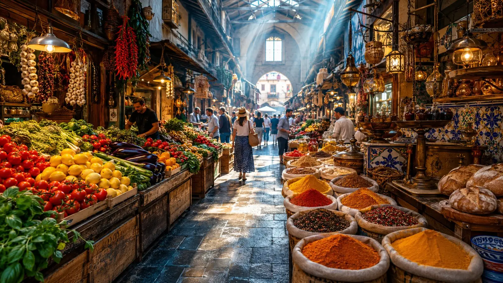 Portada del test de personalidad «Qué rincón de un mercado tradicional te representa», con puestos de frutas y especias en una galería llena de luz
