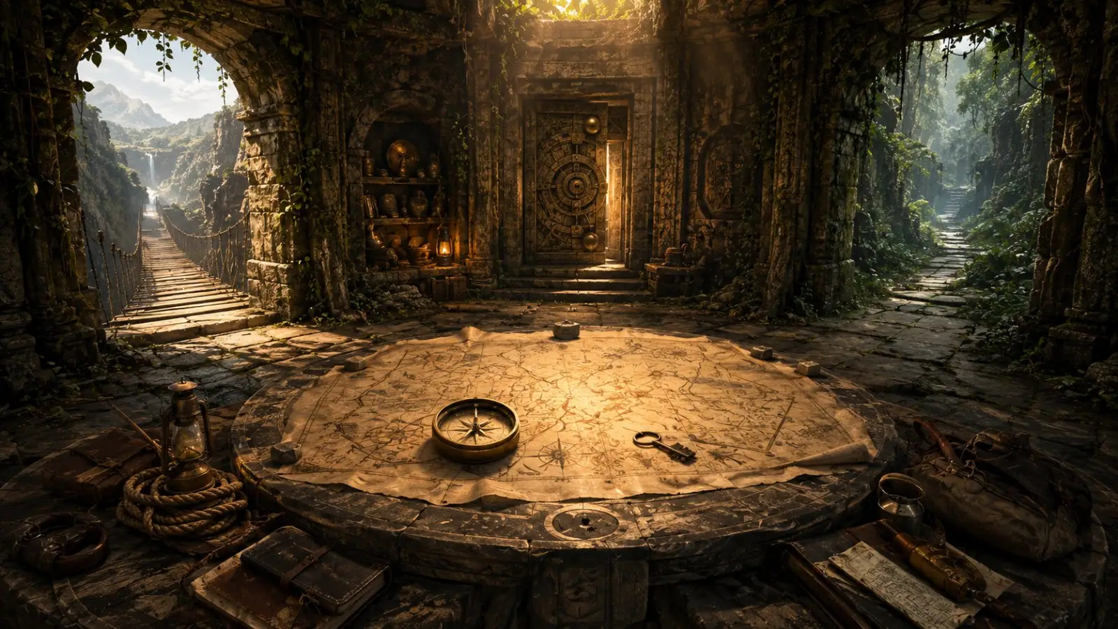 Portada del quiz sobre buscadores de tesoros con un antiguo templo en la selva, un mapa, una brújula y misteriosos senderos de exploración