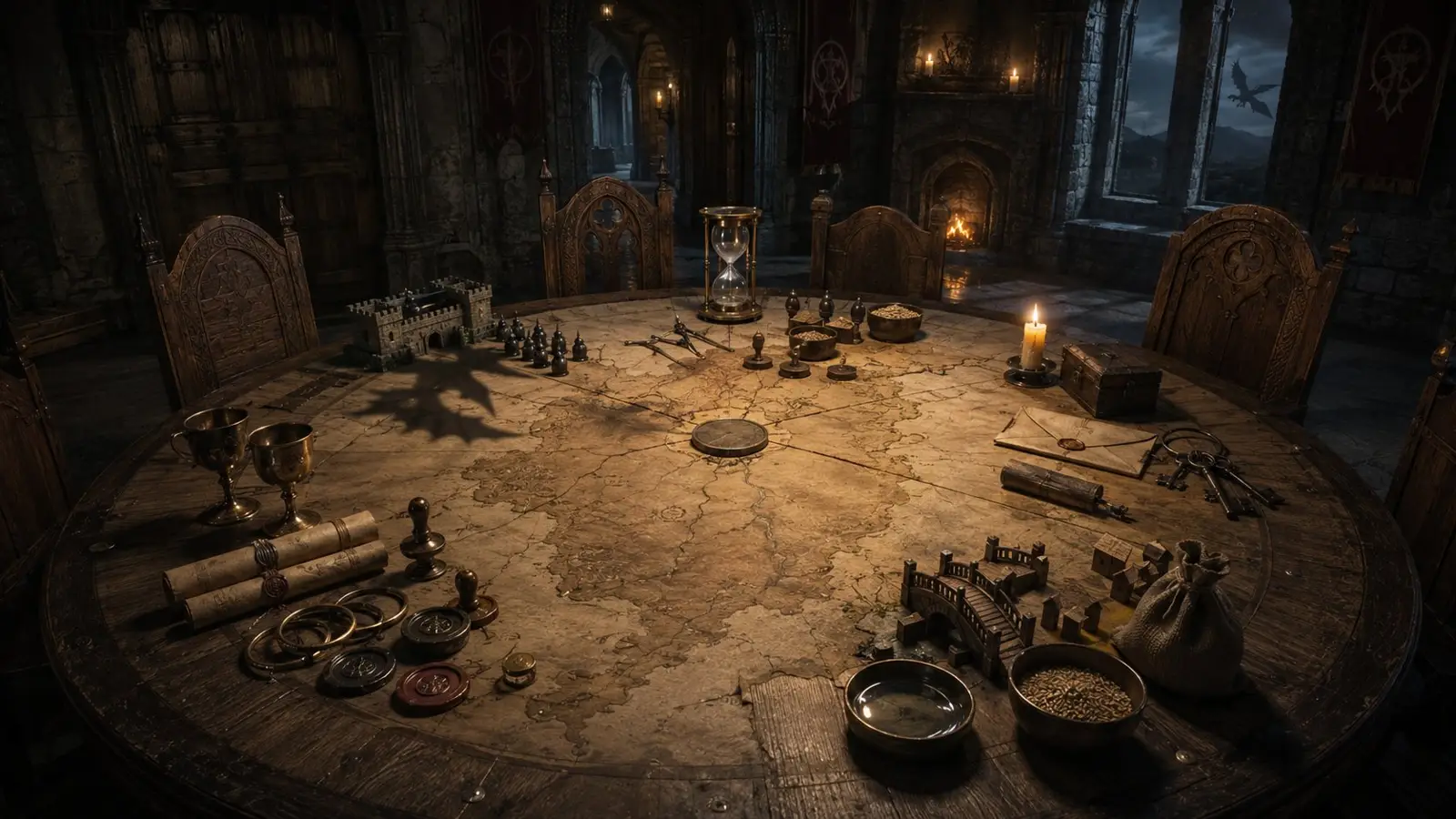 Portada del quiz de La Casa del Dragón con una mesa de estrategia, mapa, velas y símbolos de poder en una fortaleza oscura