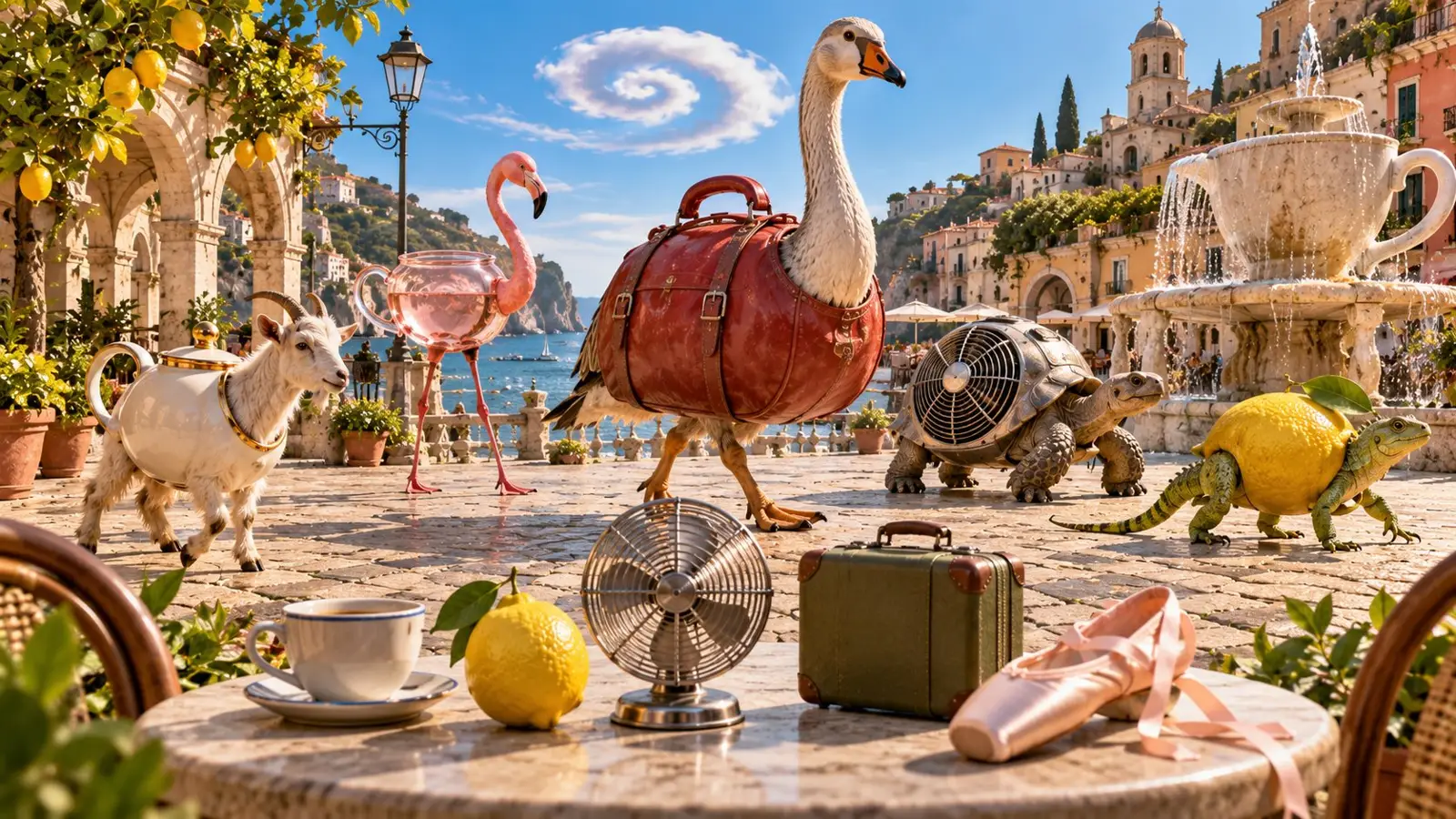Ob je li al  Обложка теста sobre Italian brainrot con animales y objetos absurdos en una soleada plaza mediterránea junto al mar
