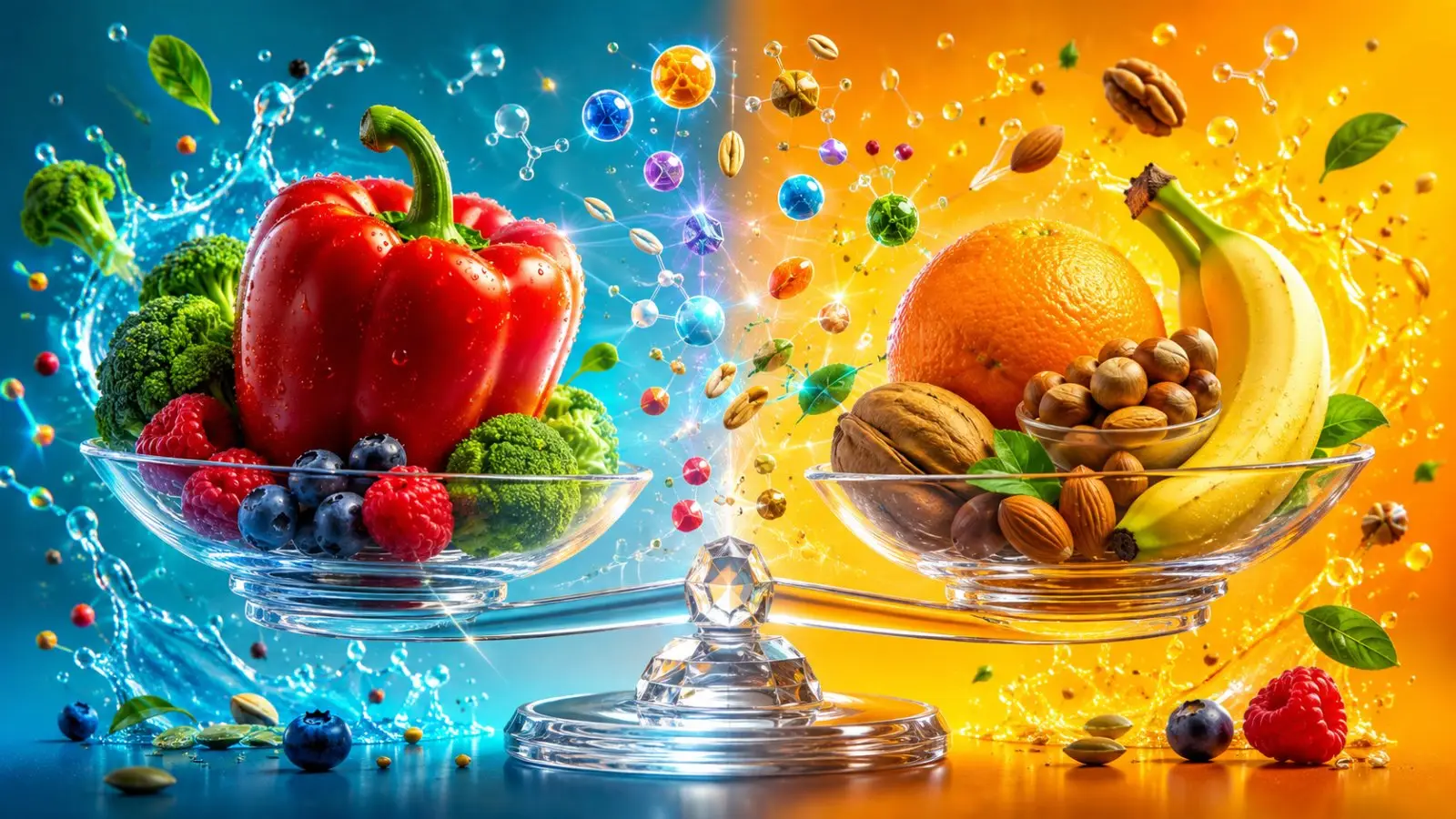 Portada del test de alimentos y nutrientes con una balanza: verduras y frutos rojos frente a frutas y frutos secos, entre salpicaduras azules y amarillas