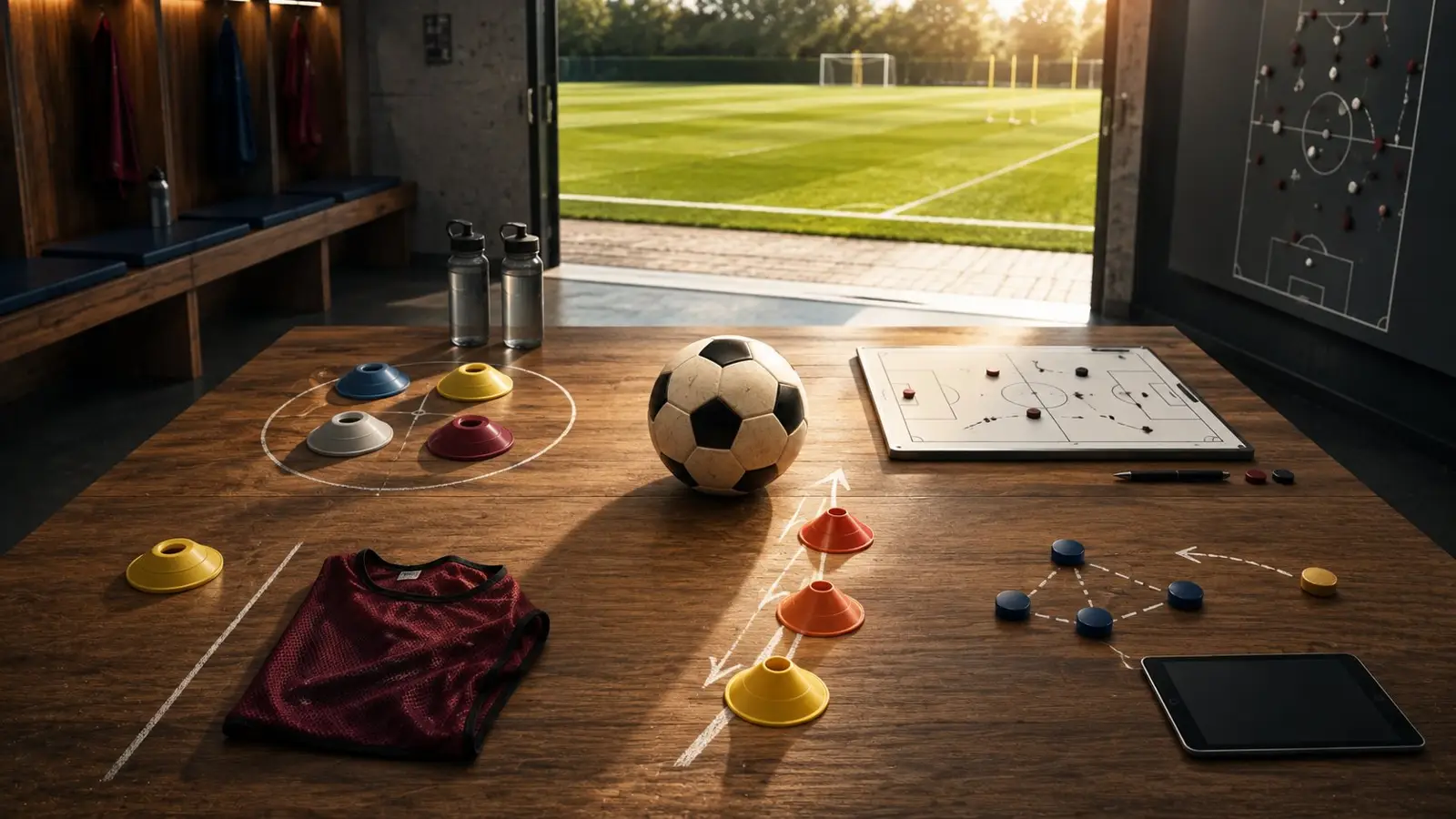 Mesa de entrenador con balón, pizarra táctica, conos y camiseta junto a un campo de fútbol, inspirada en los distintos estilos de liderazgo de Ted Lasso