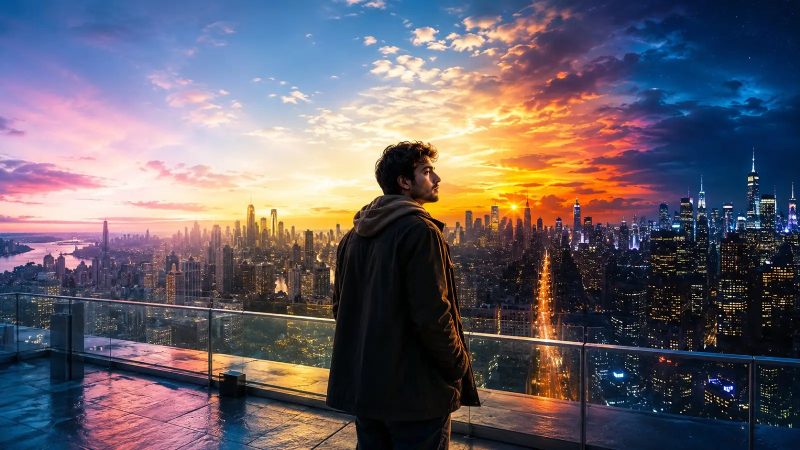 Portada del quiz «¿Qué momento del día se parece más a ti?» con un hombre ante la ciudad al atardecer, entre luz dorada y cielo nocturno