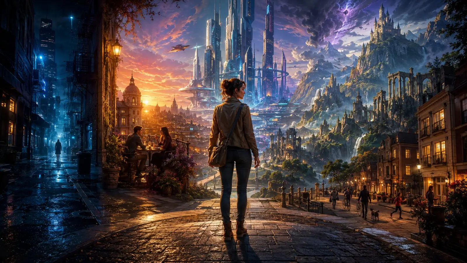 Portada del test de personalidad sobre géneros literarios, con una persona ante una ciudad futurista y un reino fantástico bajo un cielo dramático