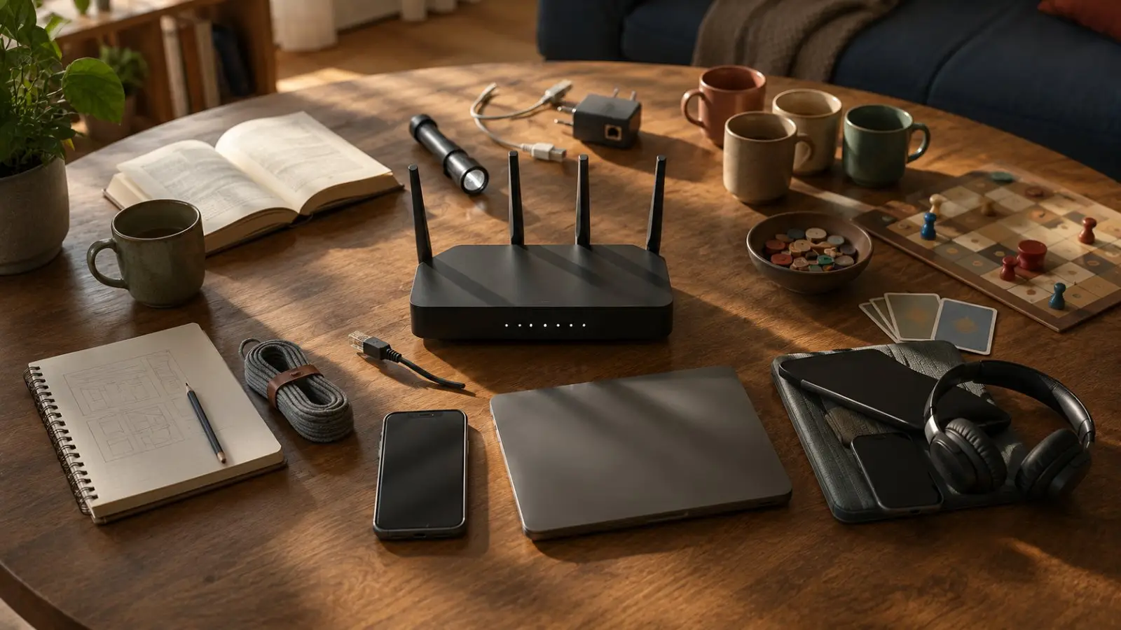 Portada del test sobre qué haces cuando se va internet, con un router rodeado de libros, juegos, móvil, portátil y otros planes sin conexión