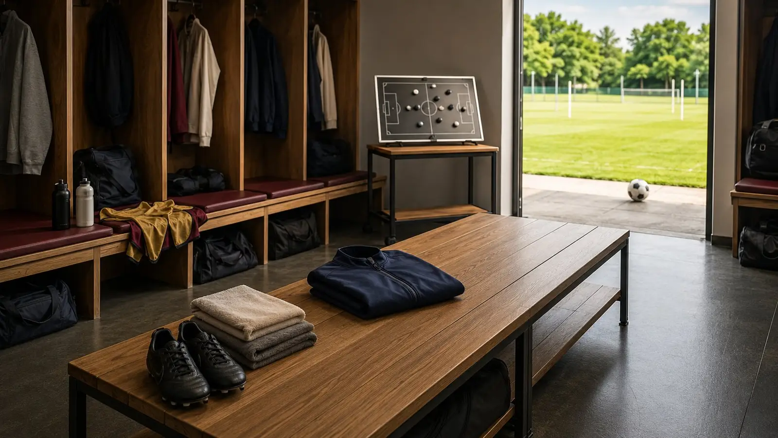 Vestuario de fútbol con banco, pizarra táctica y balón junto al campo, para un quiz sobre qué rol ocuparías en un nuevo equipo de Ted Lasso