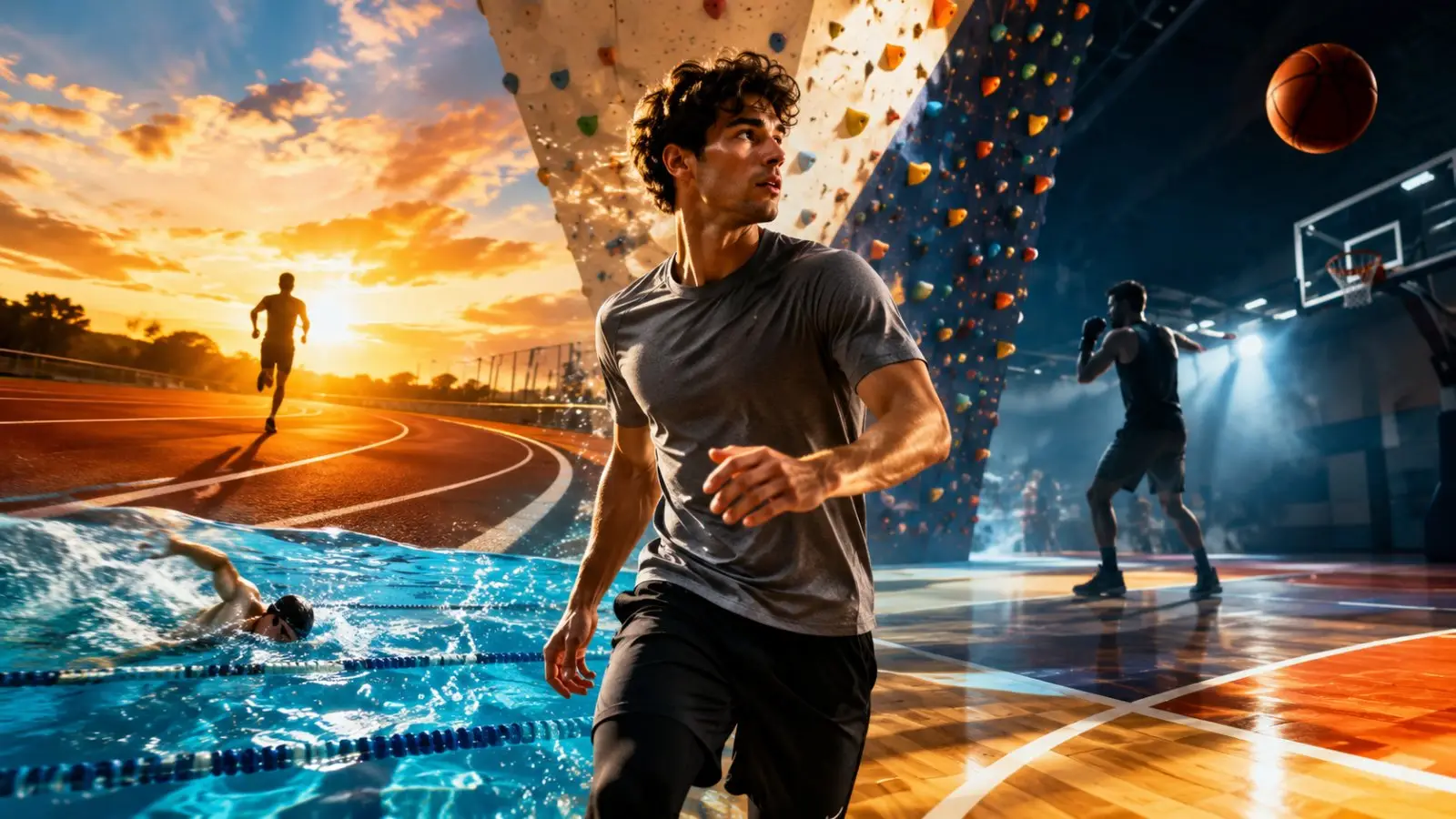 Portada del test de personalidad sobre el deporte ideal, con un atleta entre una pista de atletismo, una piscina, un rocódromo y una cancha de baloncesto