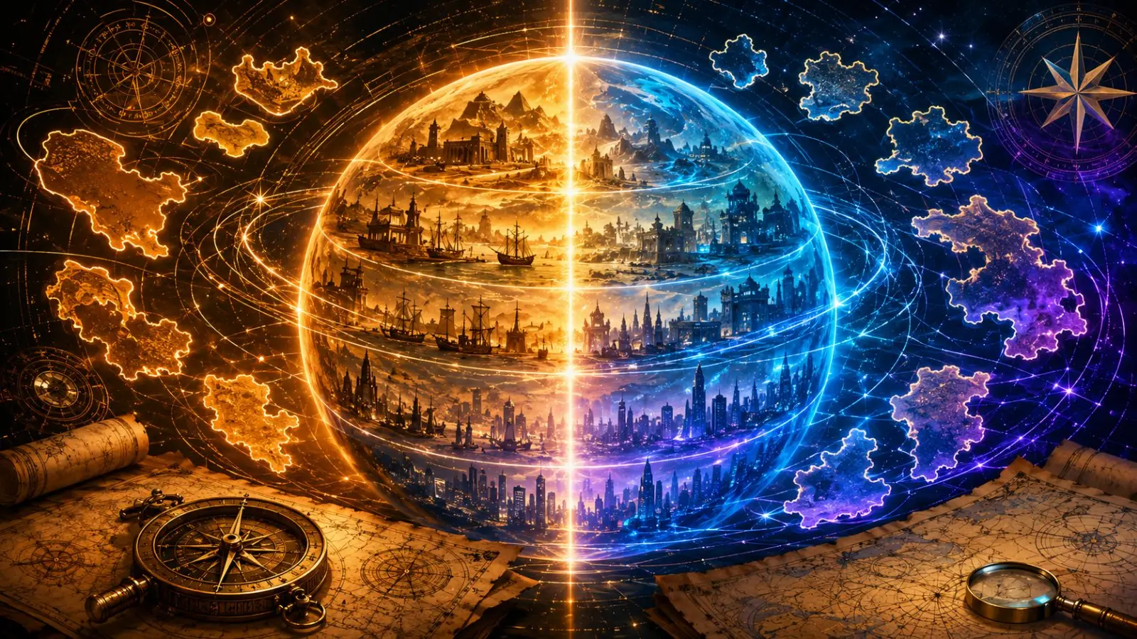Portada del test de historia y geografía con un globo dividido en tonos cálidos y fríos, mapas antiguos y brújulas sobre un fondo estrellado