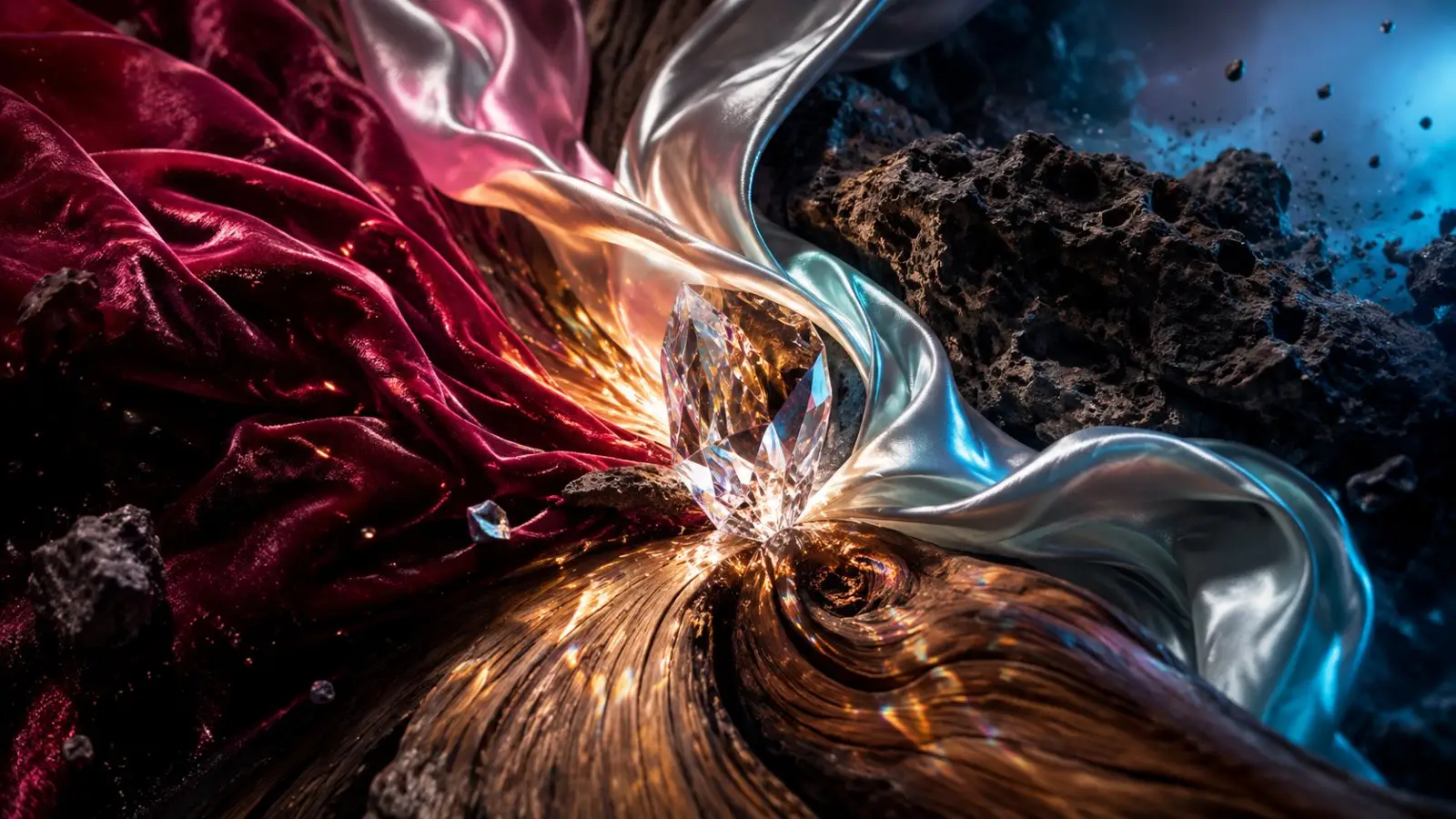 Portada de un test de personalidad con texturas fluidas metálicas, rojas y doradas alrededor de un cristal sobre un fondo rocoso oscuro