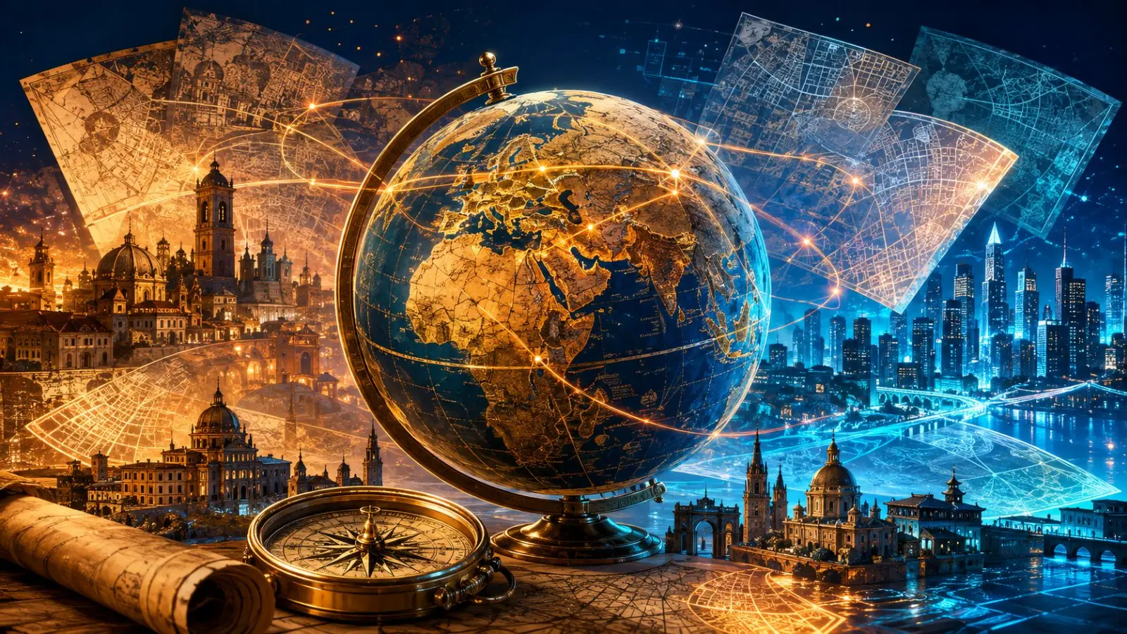 Portada del quiz de geografía e historia sobre ciudades que cambiaron de nombre, con un globo terráqueo, mapas antiguos, brújula y paisajes urbanos