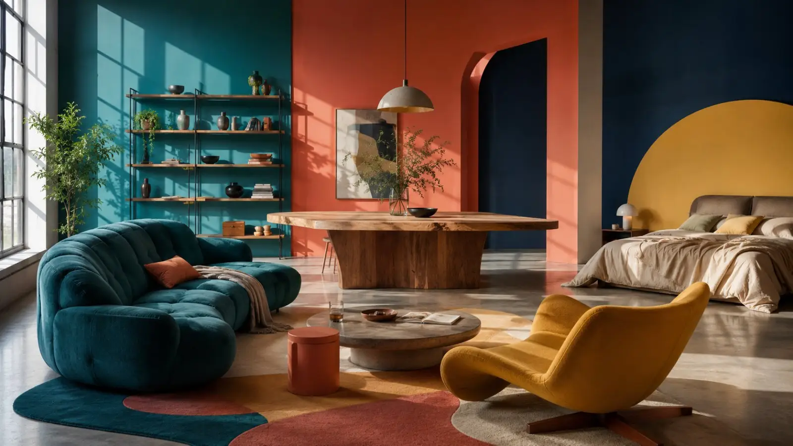 Portada del test de personalidad «Qué mueble eres según tu forma de ser» con sofá, sillón, mesa y cama en una habitación moderna y colorida