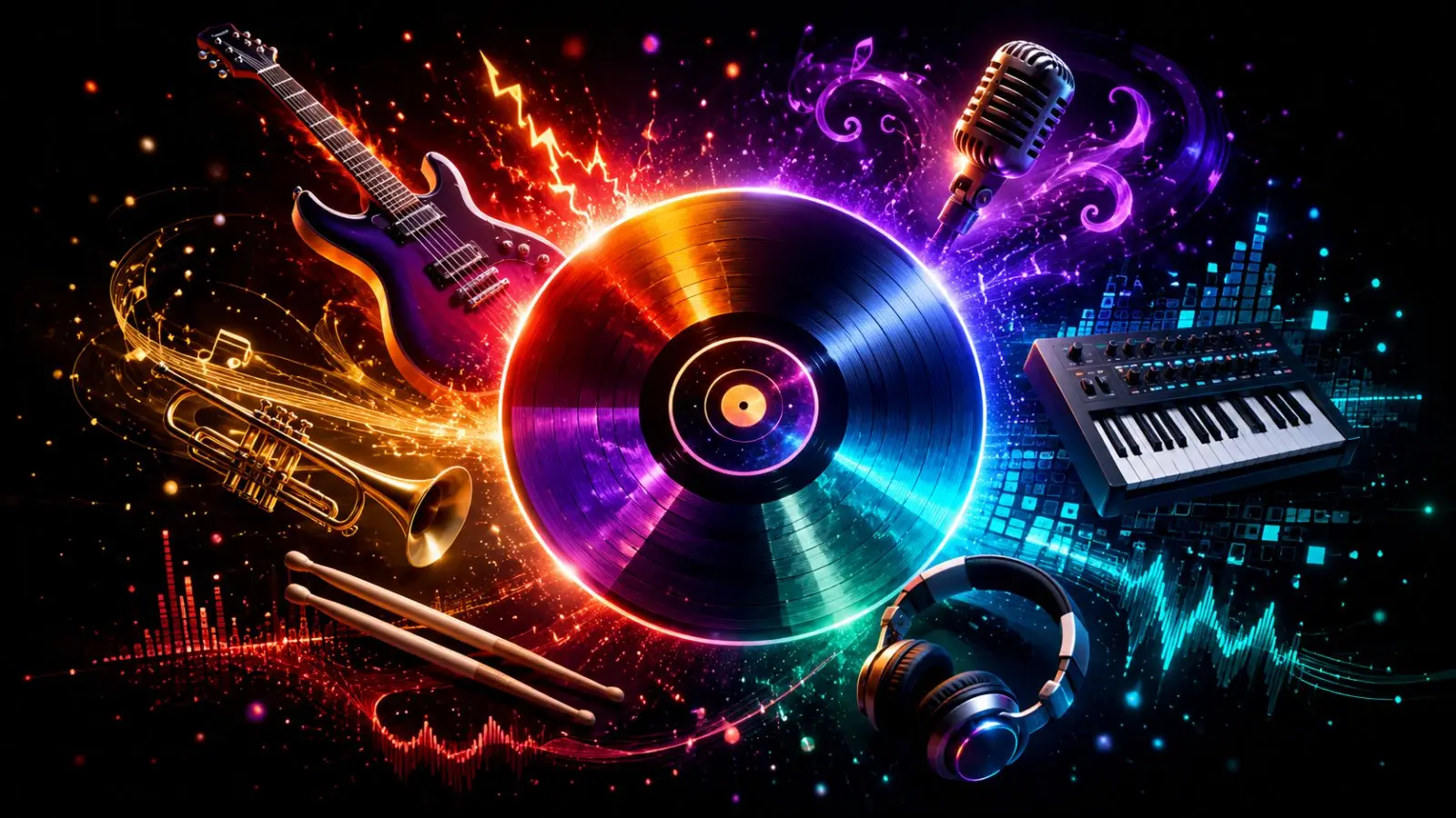Portada del quiz de géneros musicales con un disco de vinilo rodeado de guitarra, trompeta, micrófono, teclado y auriculares entre ondas de colores