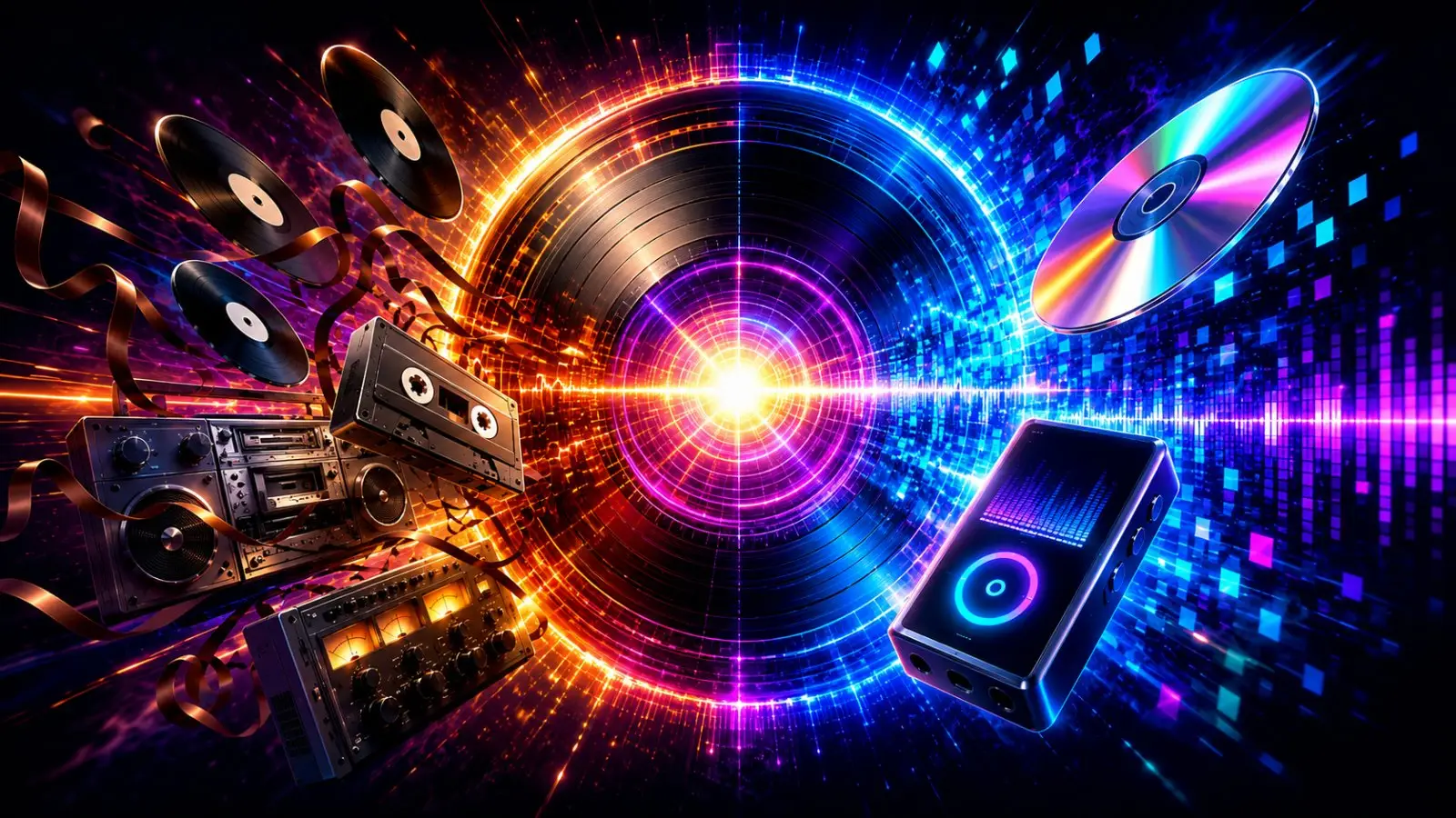 Portada del quiz musical para adivinar el año de 15 canciones famosas, con vinilos, casetes, discos y un altavoz entre ondas de neón
