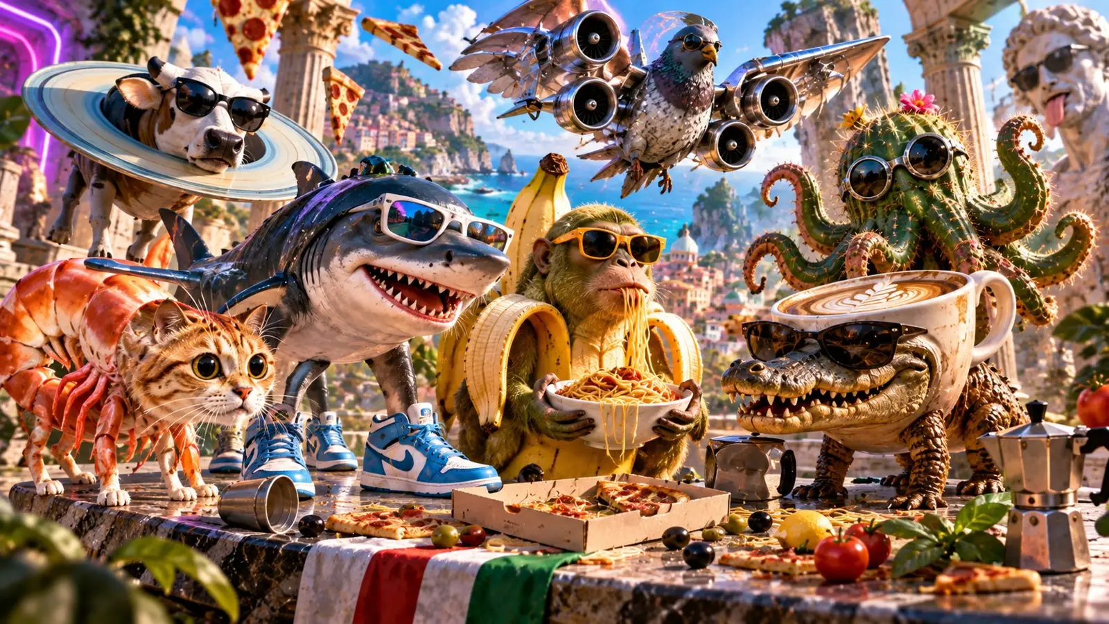 Portada del quiz sobre Italian Brainrot con criaturas híbridas surrealistas, pizza, pasta y objetos absurdos en una colorida escena italiana