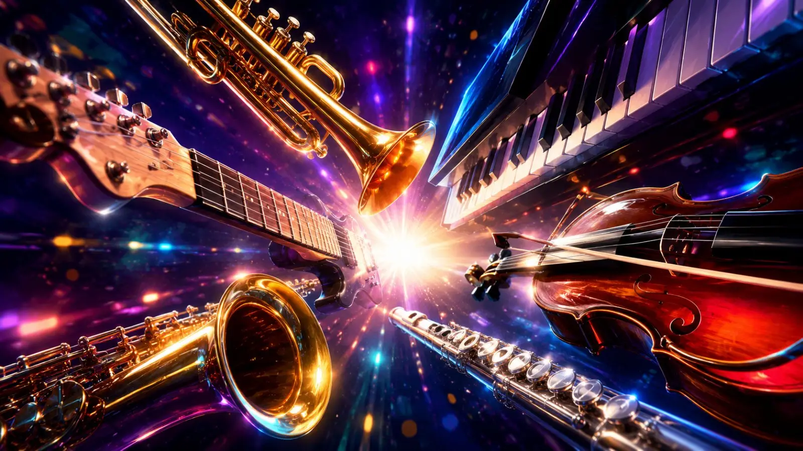 Portada del quiz de música sobre instrumentos de 15 músicos, con trompeta, guitarra, piano, violín y saxofón alrededor de un destello multicolor