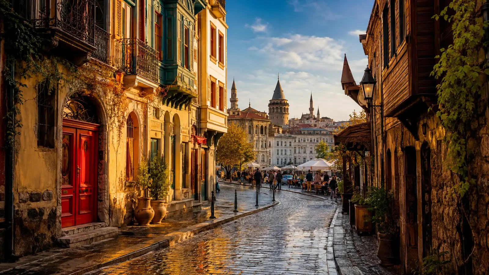Portada del test de personalidad sobre barrios históricos con una calle adoquinada, fachadas antiguas de colores y torres al fondo bajo una luz cálida