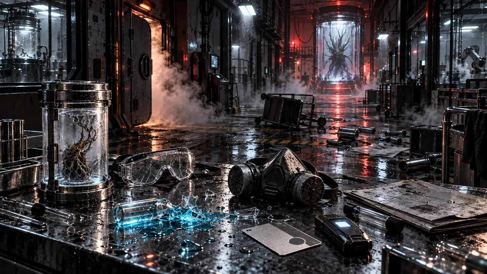 Obras de Resident Evil en un laboratorio biotecnológico dañado, con máscara, gafas, recipientes rotos y luces rojas de emergencia