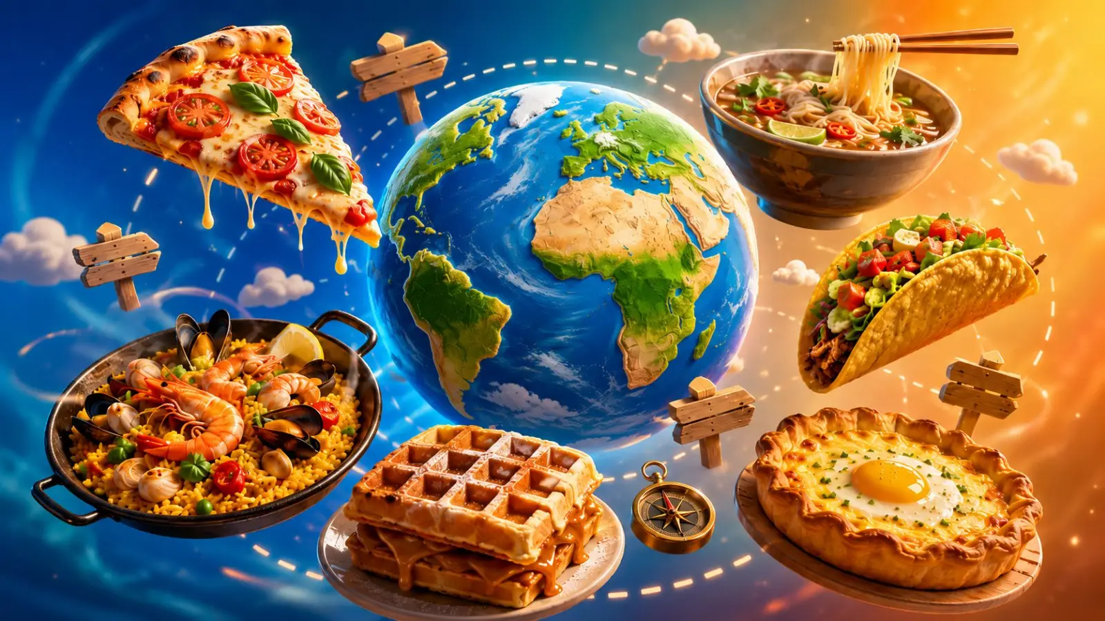 Portada del quiz de gastronomía con un globo terráqueo rodeado de pizza, ramen, tacos, paella, gofres y otros platos del mundo