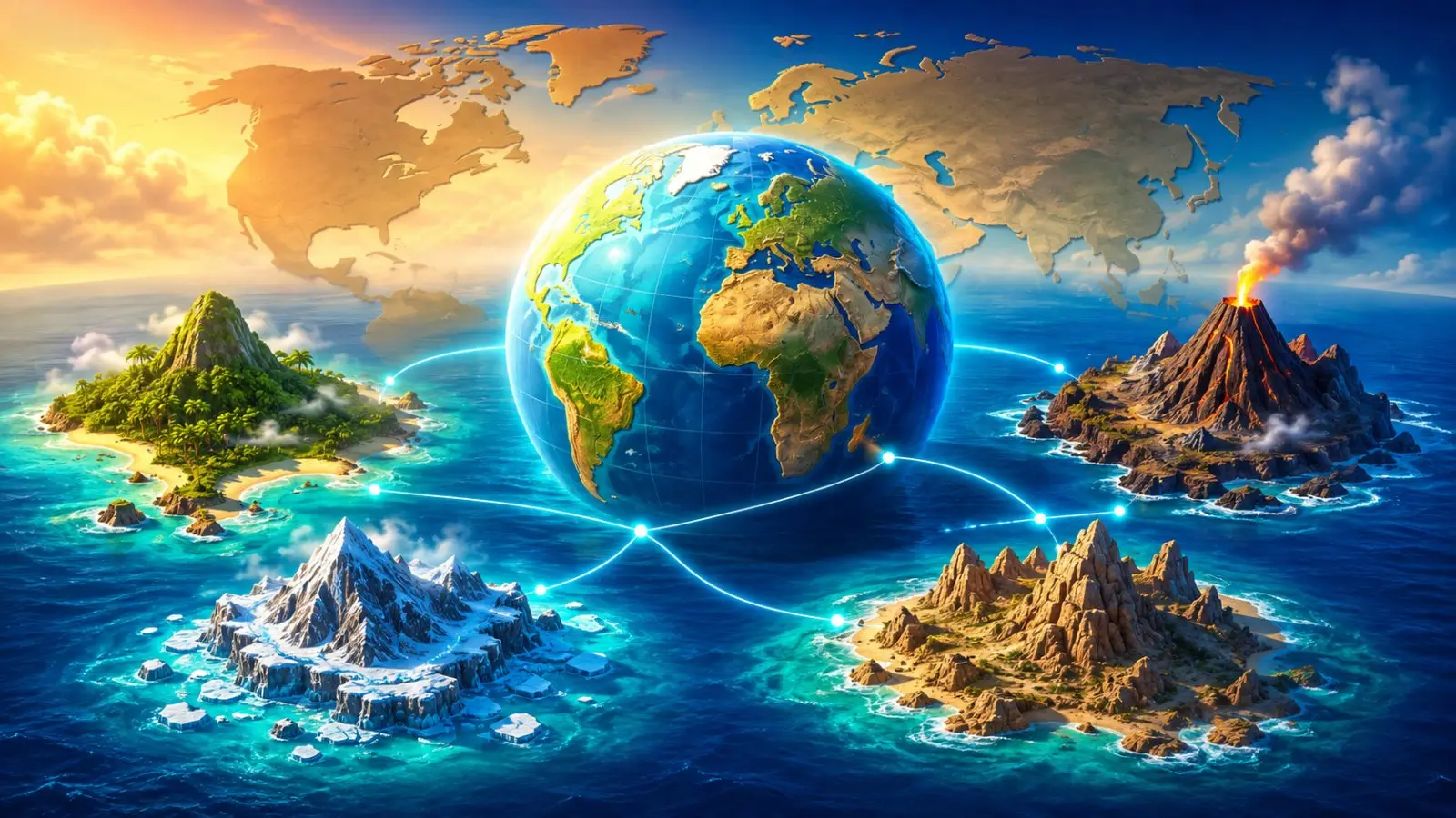Portada del quiz de geografía sobre continentes e islas, con un globo terráqueo rodeado de islas volcánicas, montañosas y heladas