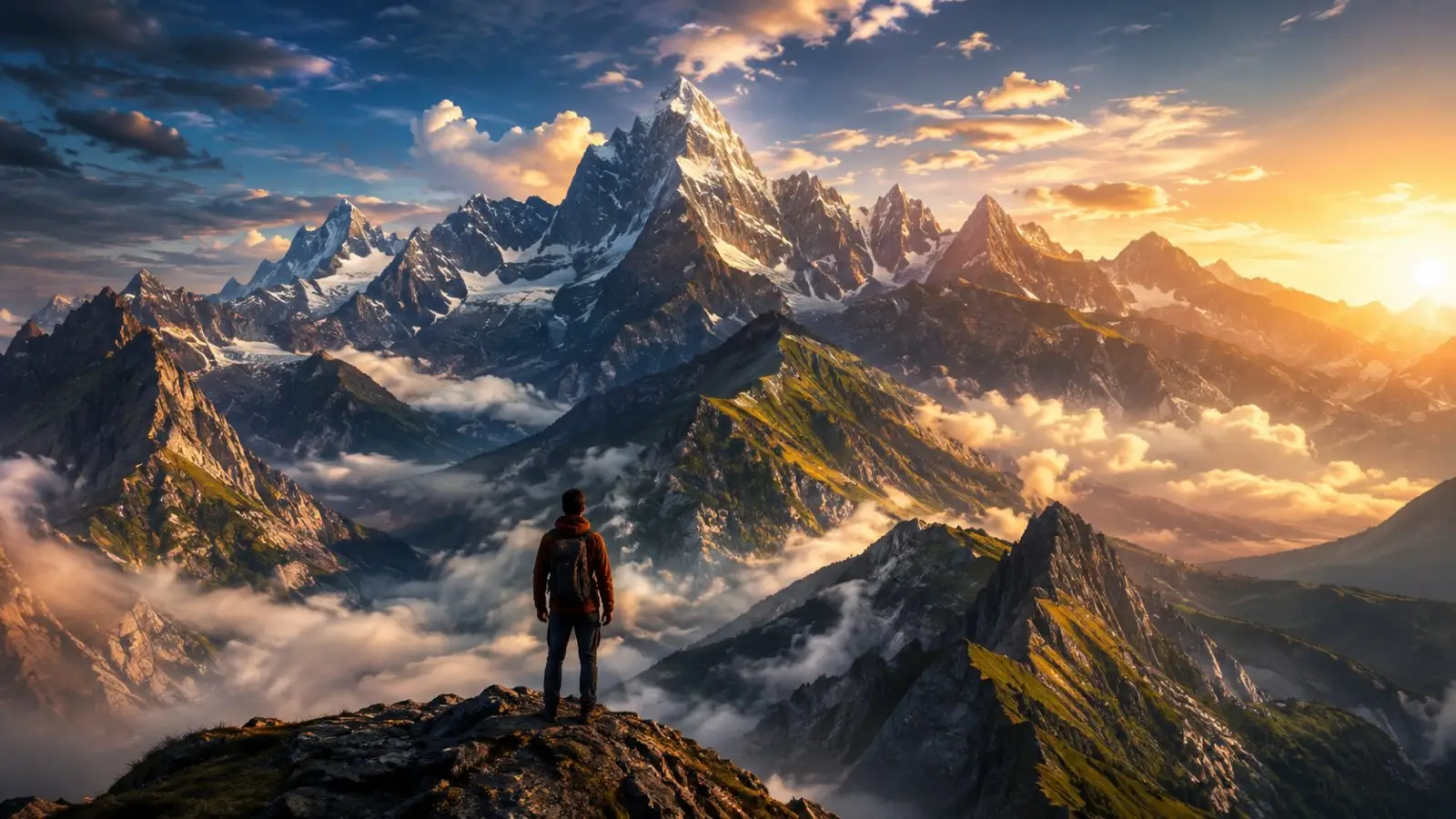 Portada del quiz «¿Qué montaña refleja tu personalidad?» con una persona en una cima rocosa frente a altas montañas nevadas al amanecer