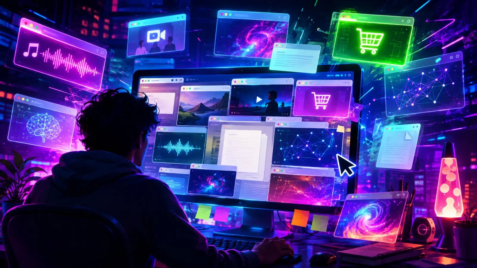 Portada del test de personalidad con una persona frente a múltiples pestañas de navegador luminosas, iconos digitales y ambiente tecnológico de neón