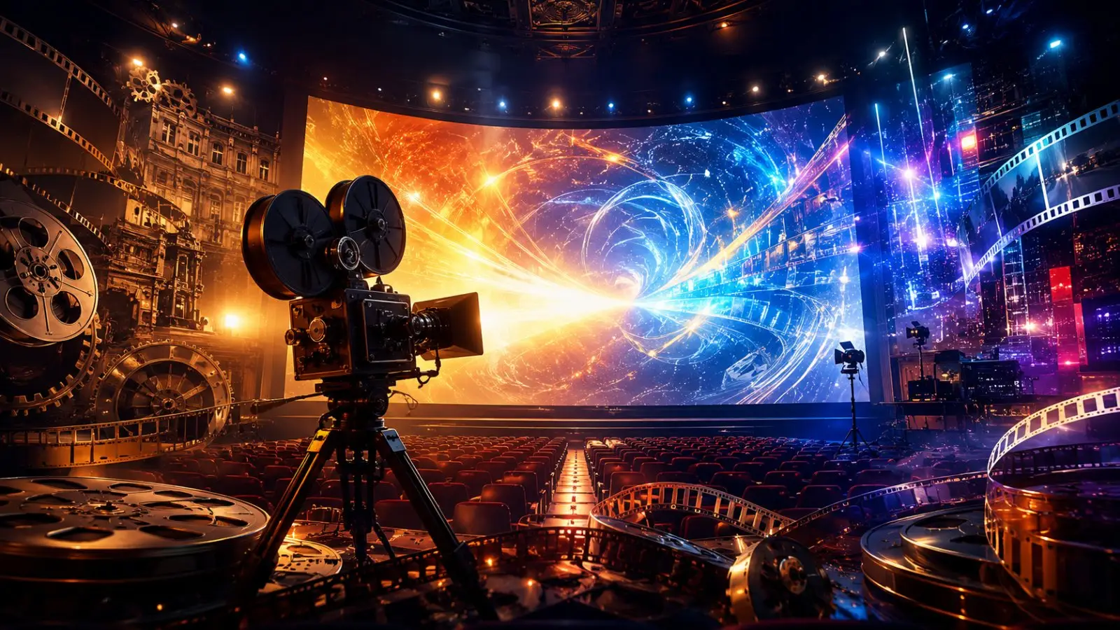 Portada del quiz «¿Qué dato de la película es falso?» con un proyector de cine, rollos de película y una pantalla iluminada con efectos de luz