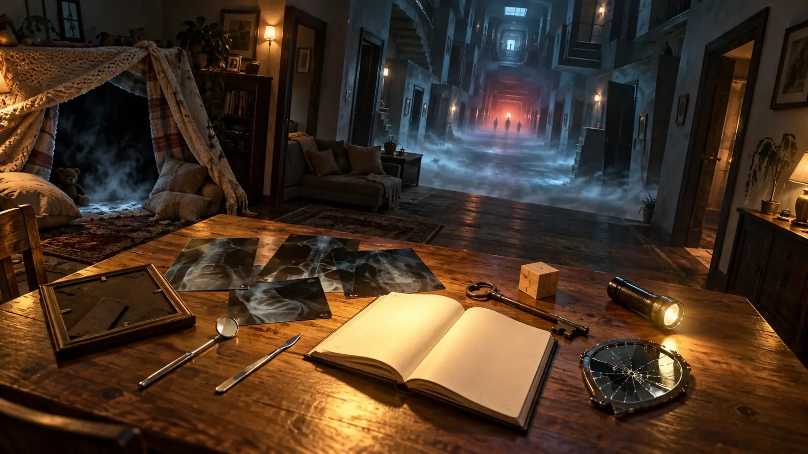 Portada del quiz sobre Insidious con un libro abierto, fotografías, linterna y brújula frente a un pasillo oscuro cubierto de niebla