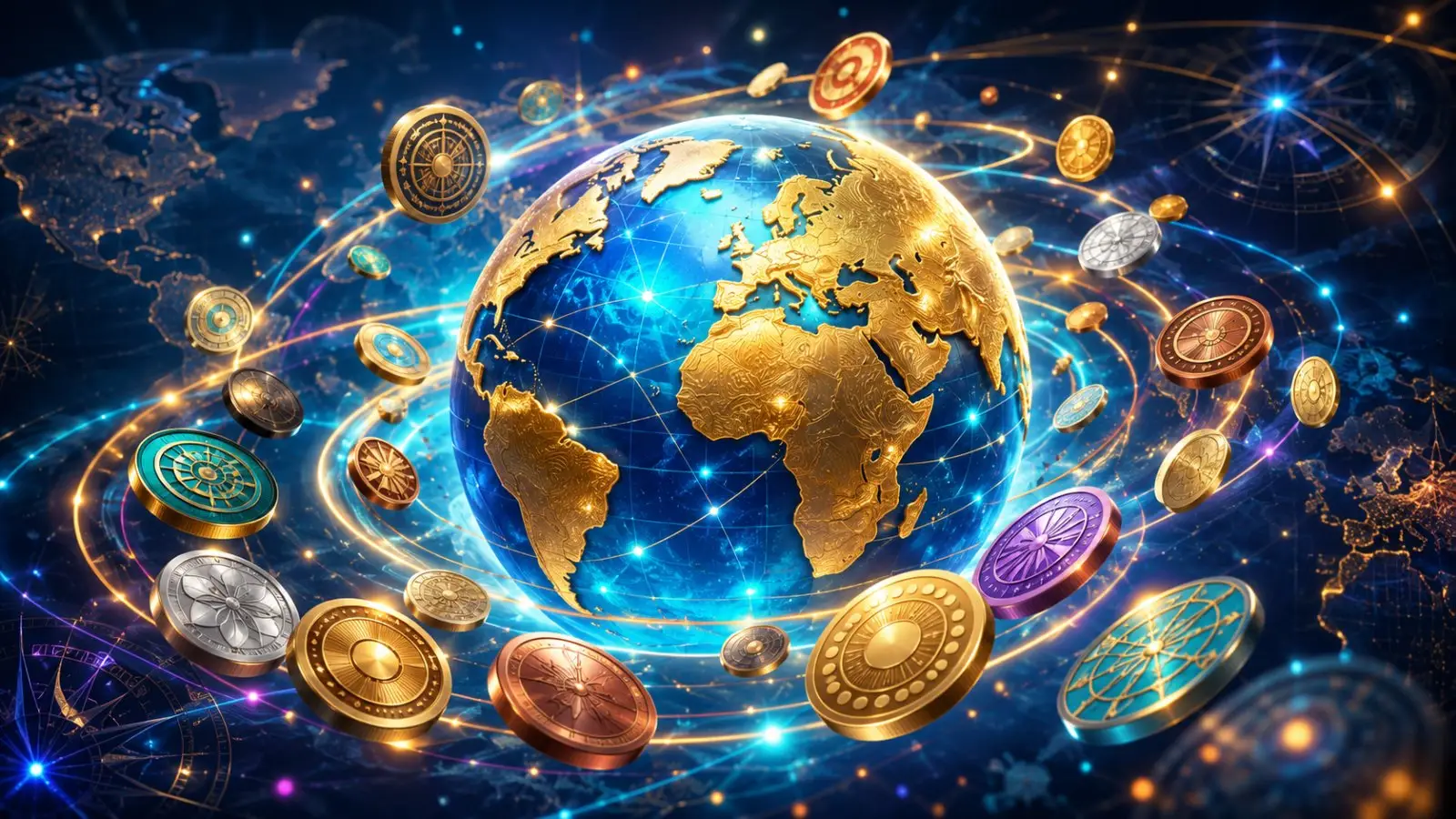 Portada del test de monedas del mundo con un globo terráqueo dorado rodeado de monedas y órbitas luminosas sobre un fondo cósmico