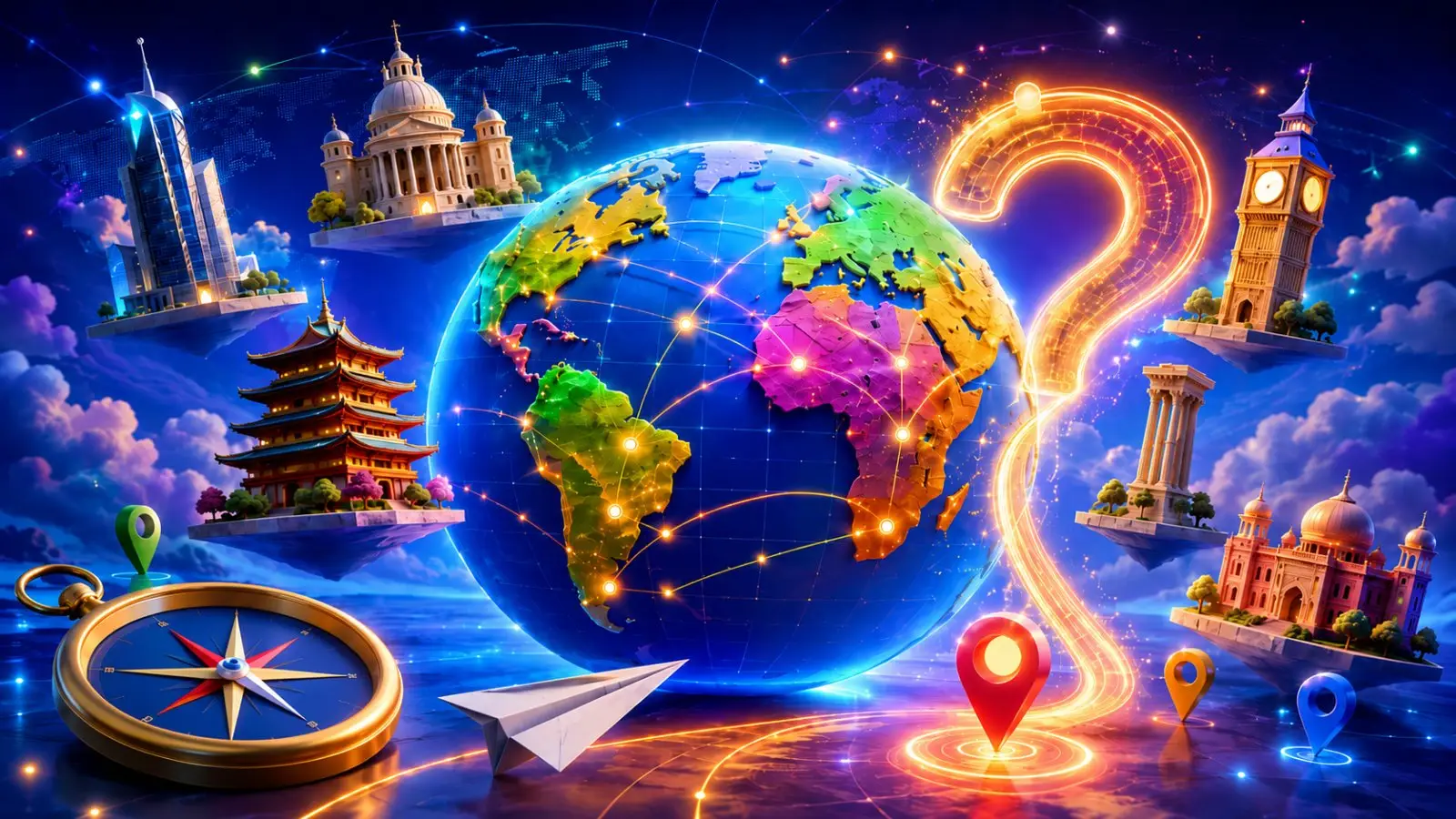 Portada del quiz de capitales del mundo con un globo terráqueo iluminado, monumentos internacionales, una brújula y un gran signo de interrogación