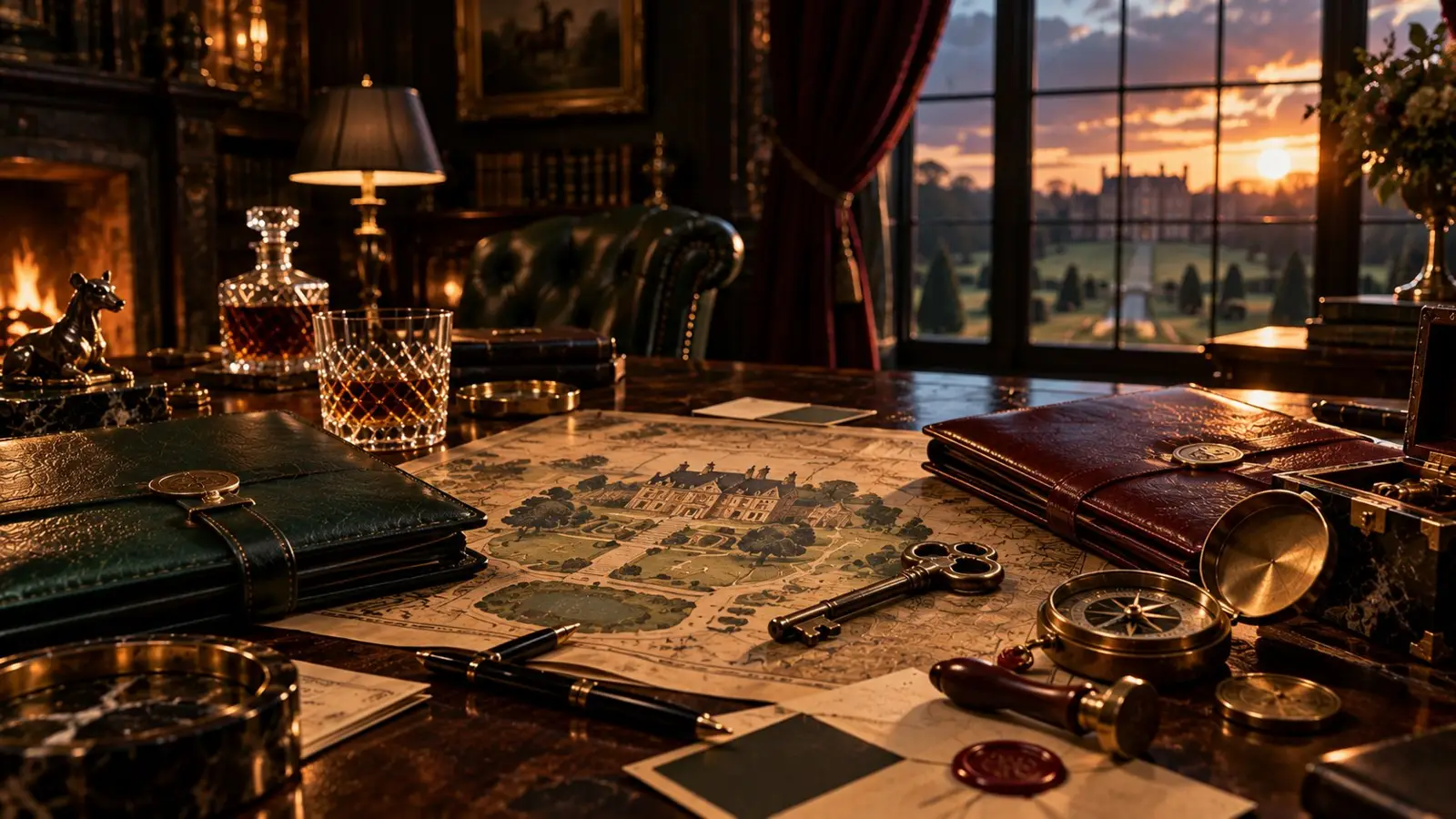 Portada del quiz sobre The Gentlemen con un despacho señorial, mapa de una finca, brújula, documentos de cuero y una mansión al atardecer