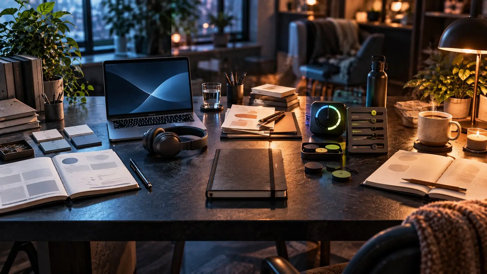 Obложка теста sobre tu locked-in mode con escritorio, portátil, cuadernos, auriculares y objetos de concentración en un ambiente cálido de trabajo