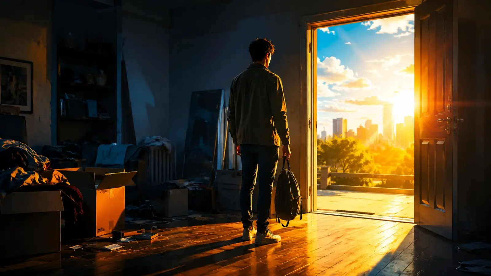 Portada del test de personalidad sobre empezar de cero, con un hombre ante una puerta abierta hacia una ciudad iluminada por el amanecer