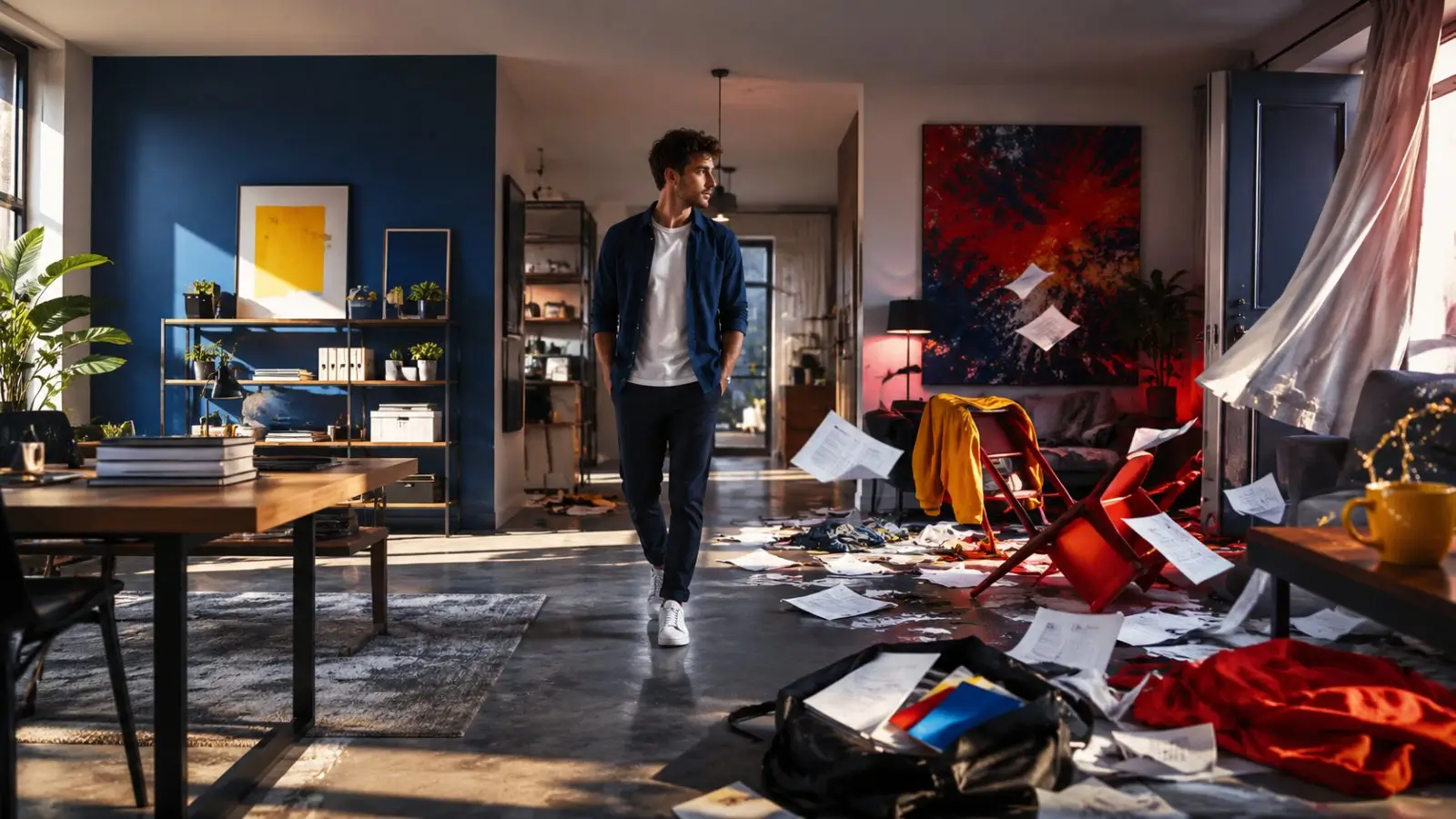 Portada del test de personalidad sobre tu relación con el caos, con un hombre caminando por una habitación desordenada llena de papeles y objetos esparcidos