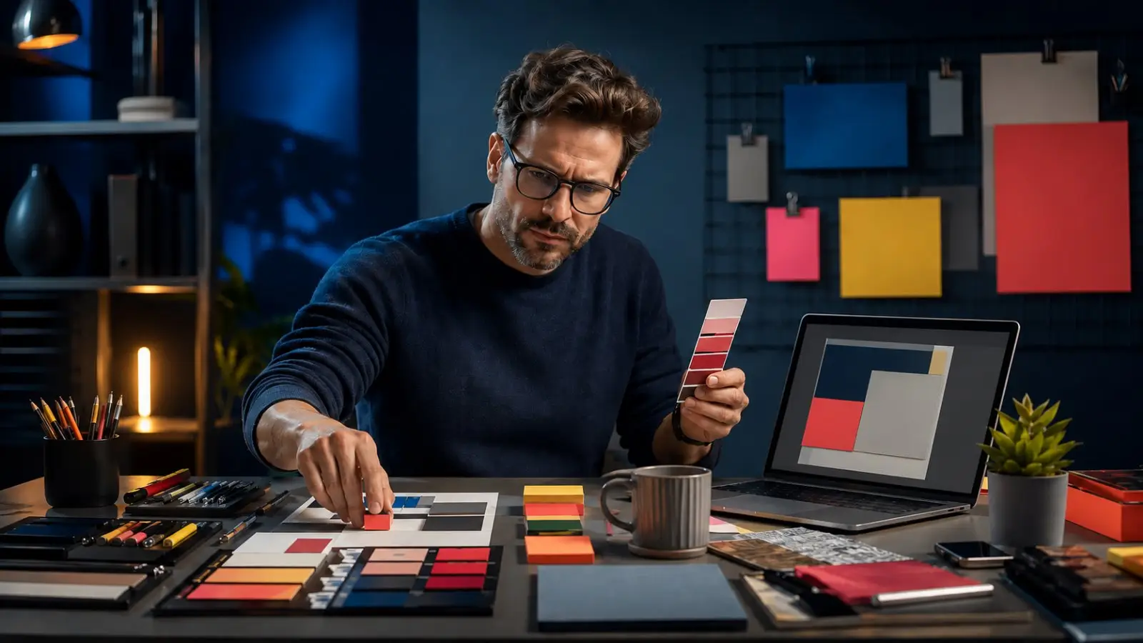 Portada del test de personalidad con un hombre organizando muestras de color y formas geométricas en un escritorio de diseño