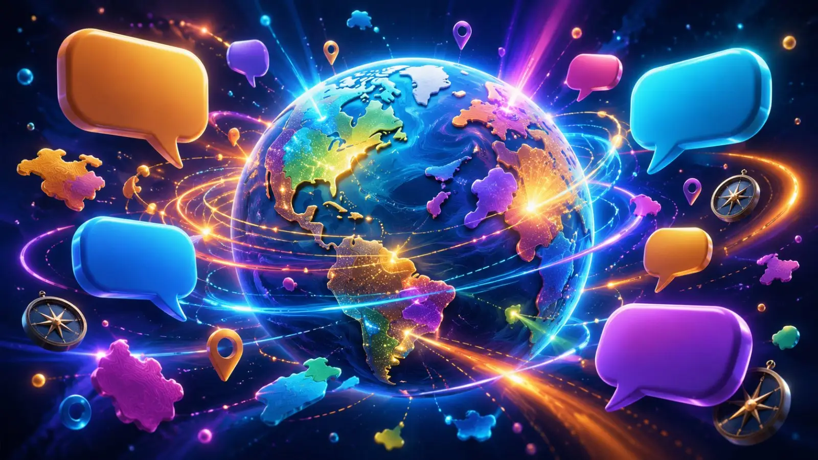 Portada del quiz sobre idiomas oficiales de Europa con un globo terráqueo rodeado de bocadillos de diálogo y marcadores de ubicación de colores