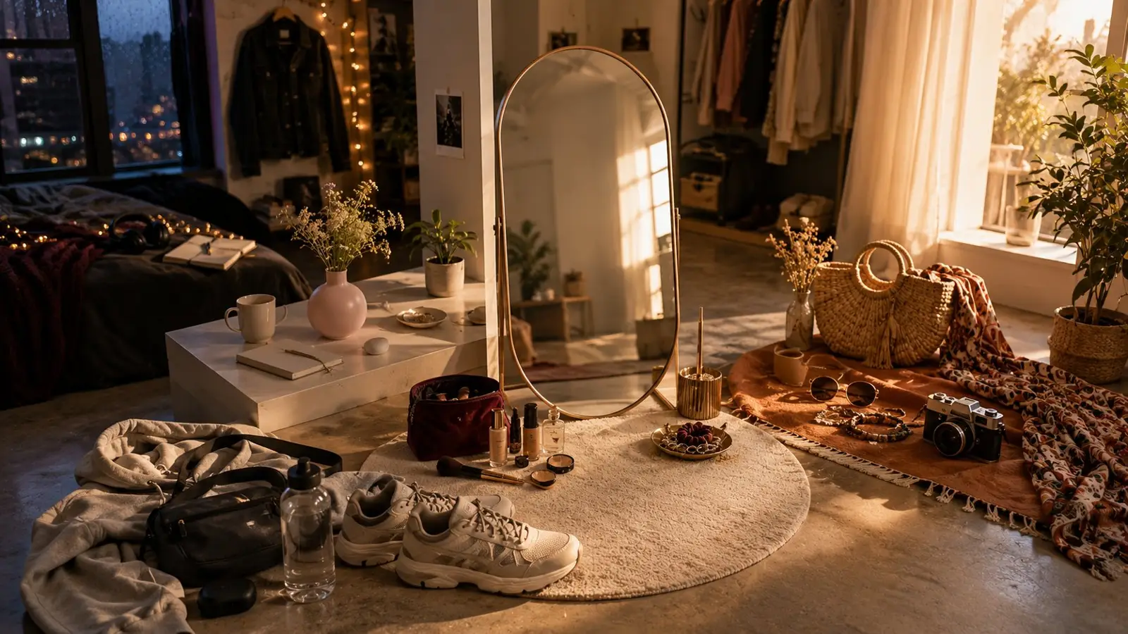 Portada del test sobre estéticas de 2016 con espejo, ropa, zapatillas y accesorios boho en una habitación cálida y ecléctica