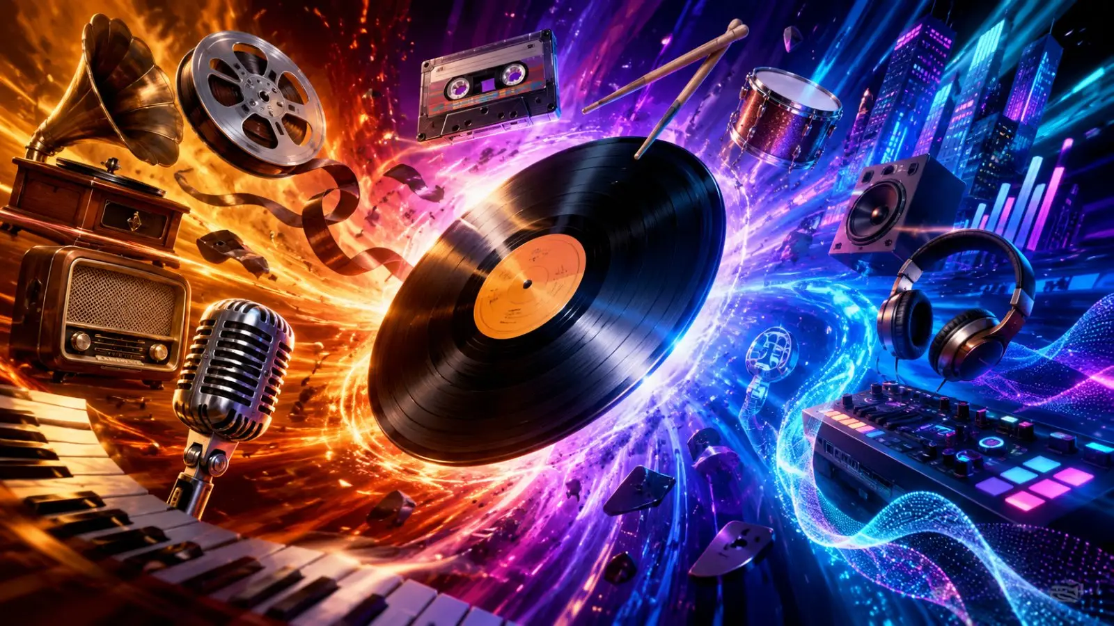 Portada del quiz de música con vinilo, micrófono, casete, instrumentos y equipo de DJ sobre un fondo vibrante de luces y energía sonora