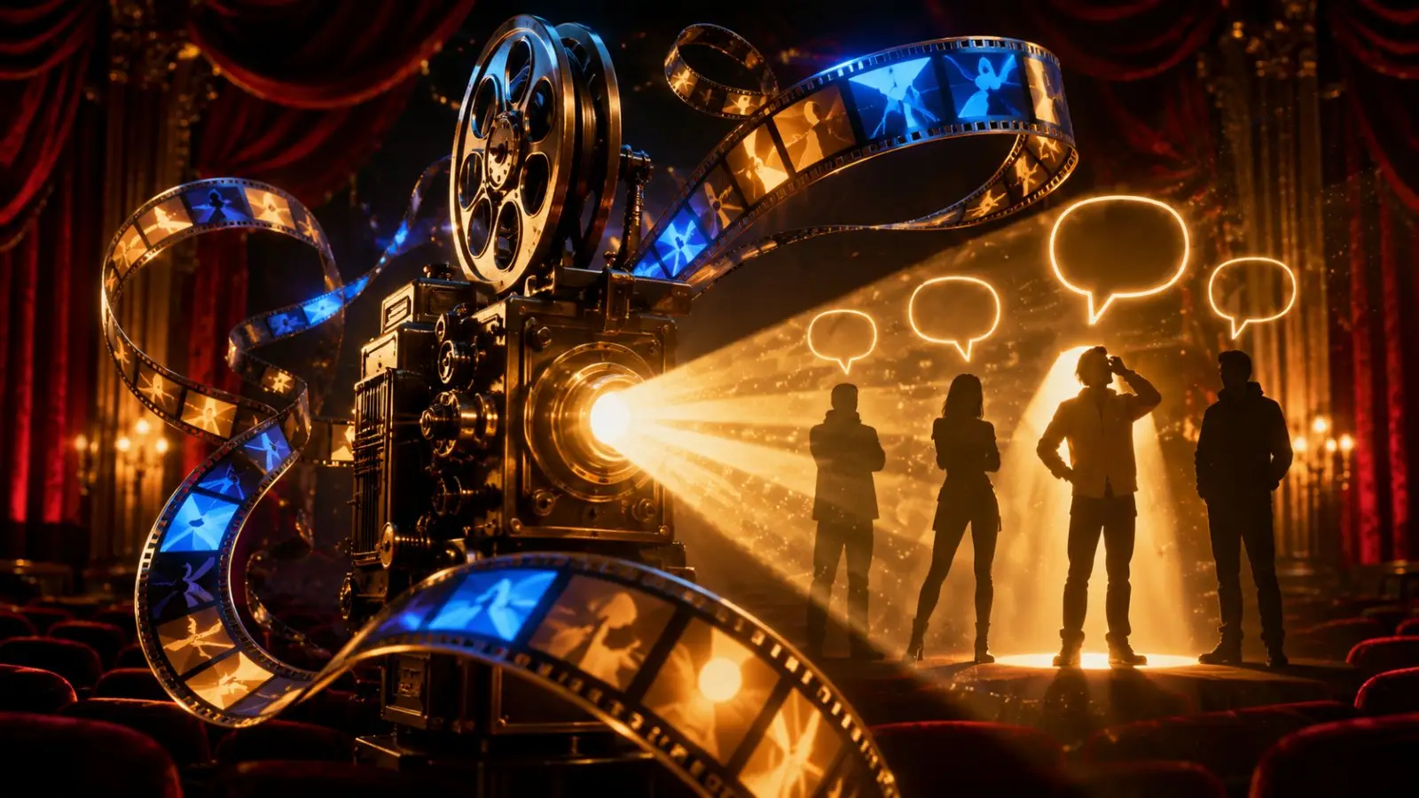 Portada del quiz de frases de Hollywood con un proyector de cine, rollos de película y cuatro siluetas con bocadillos de diálogo